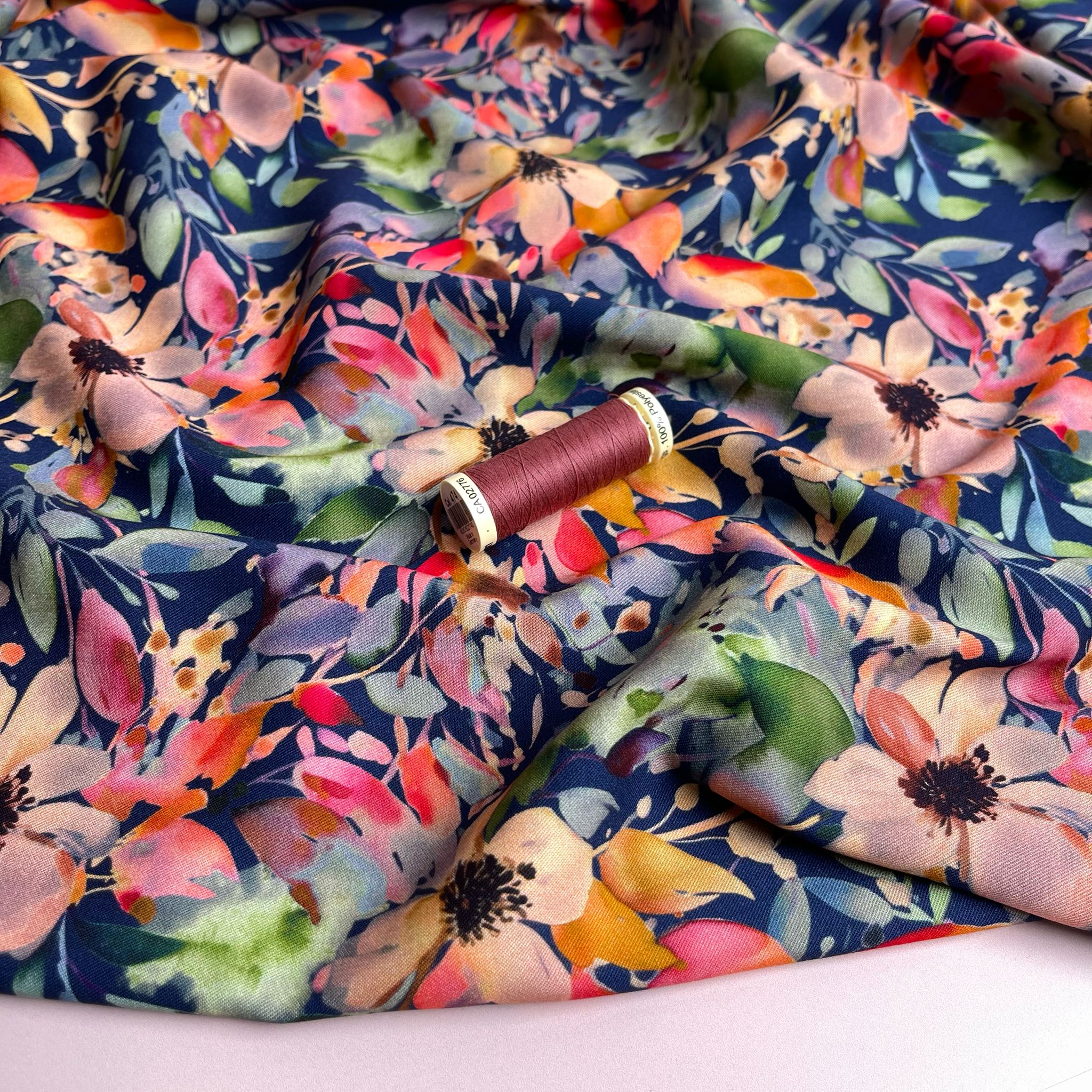 Rosella Vibrant Watercolour Bouquet on Navy Stretch Viscose Fabric