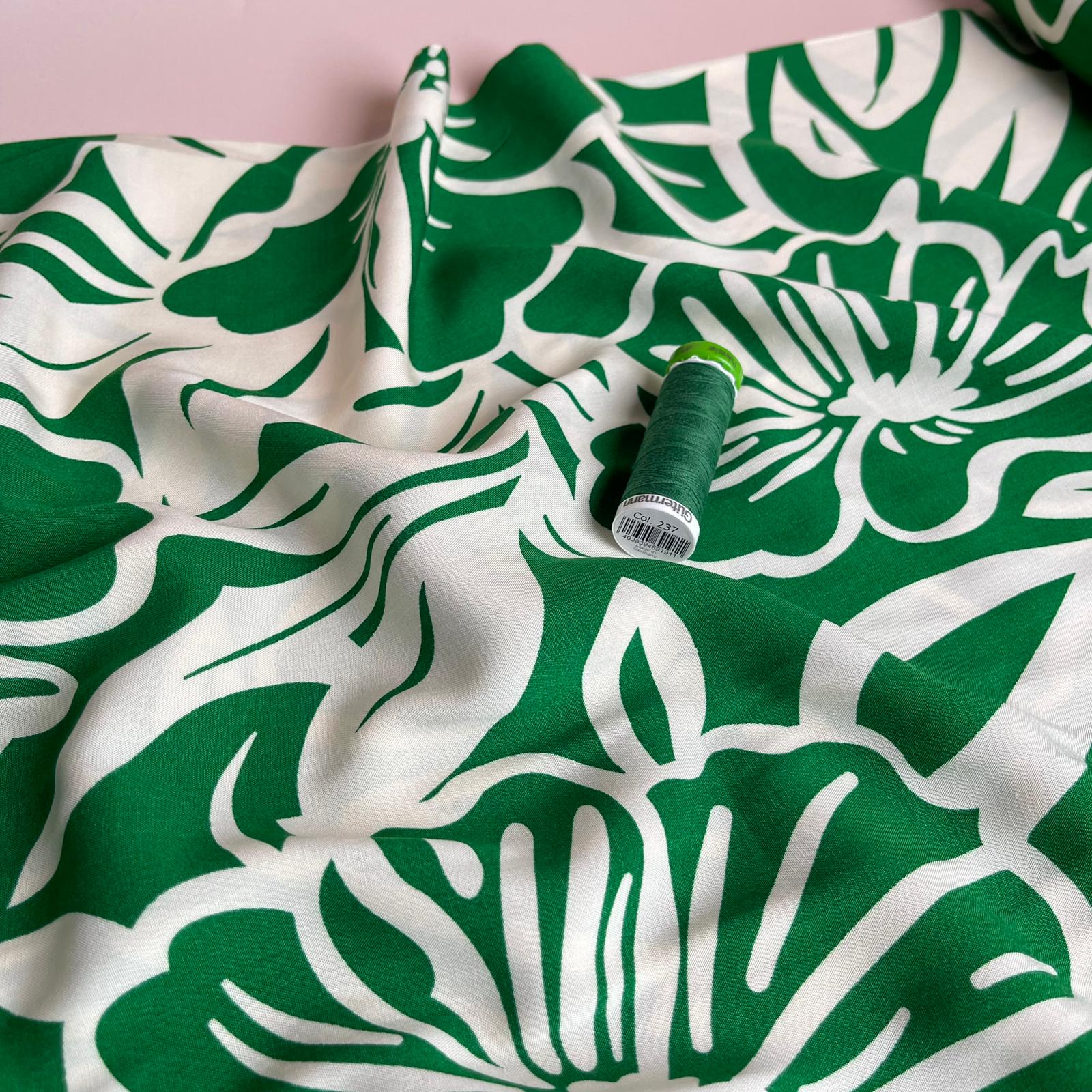 White Blooms on Emerald Green Viscose Fabric