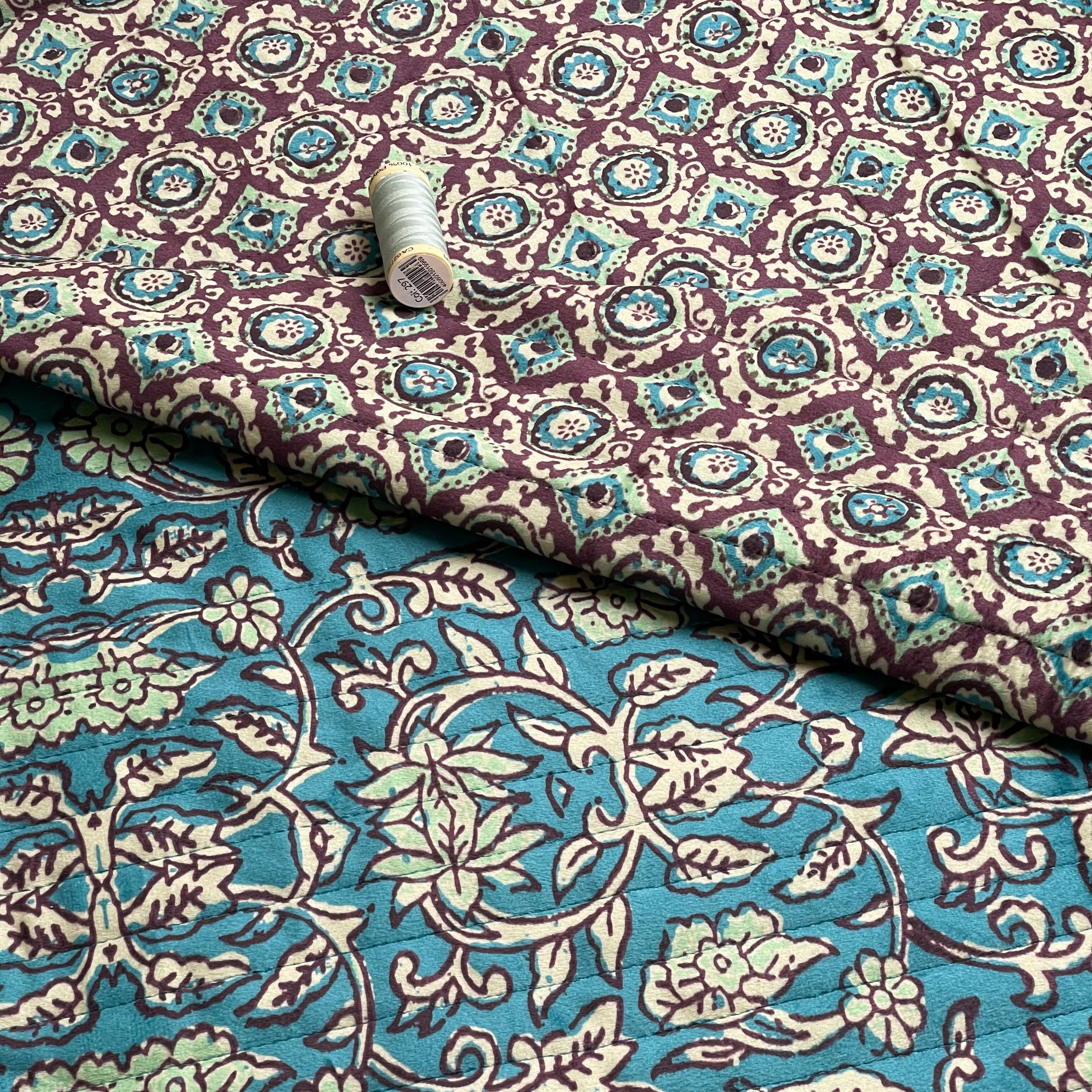 Floral Quilted Velvet Coating Fabric in Petrol & Brown