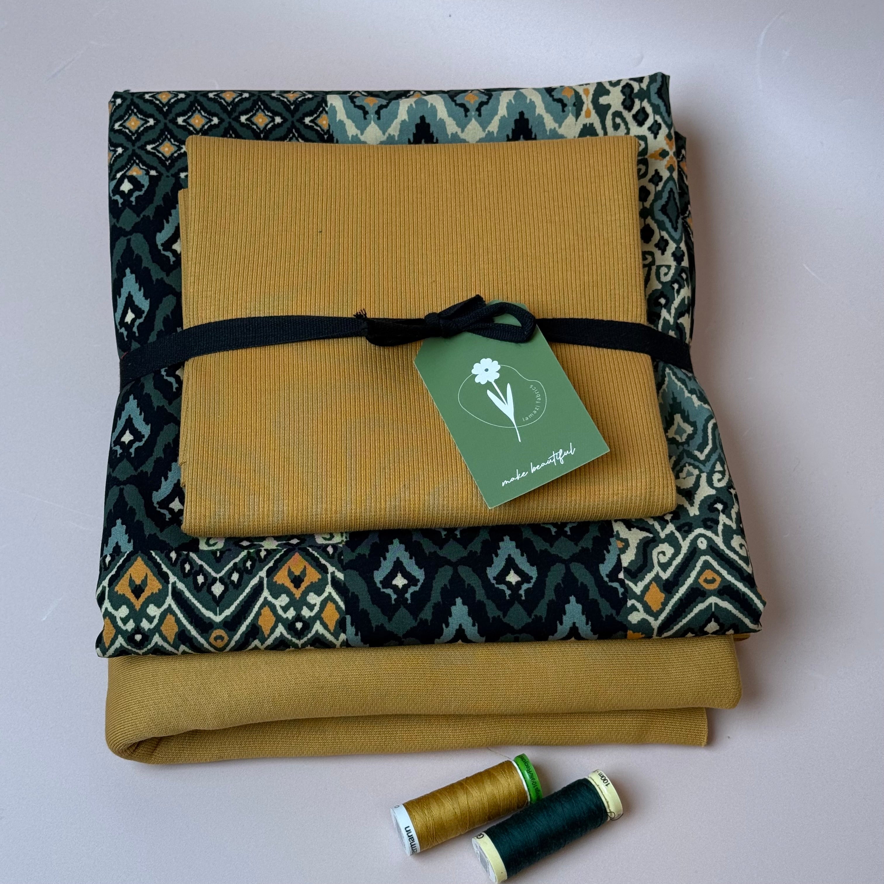 Make an Outfit Colour Bundle - Vintage Patchwork Green Viscose & Brushed Sweatshirt in Dry Mustard with Ribbing