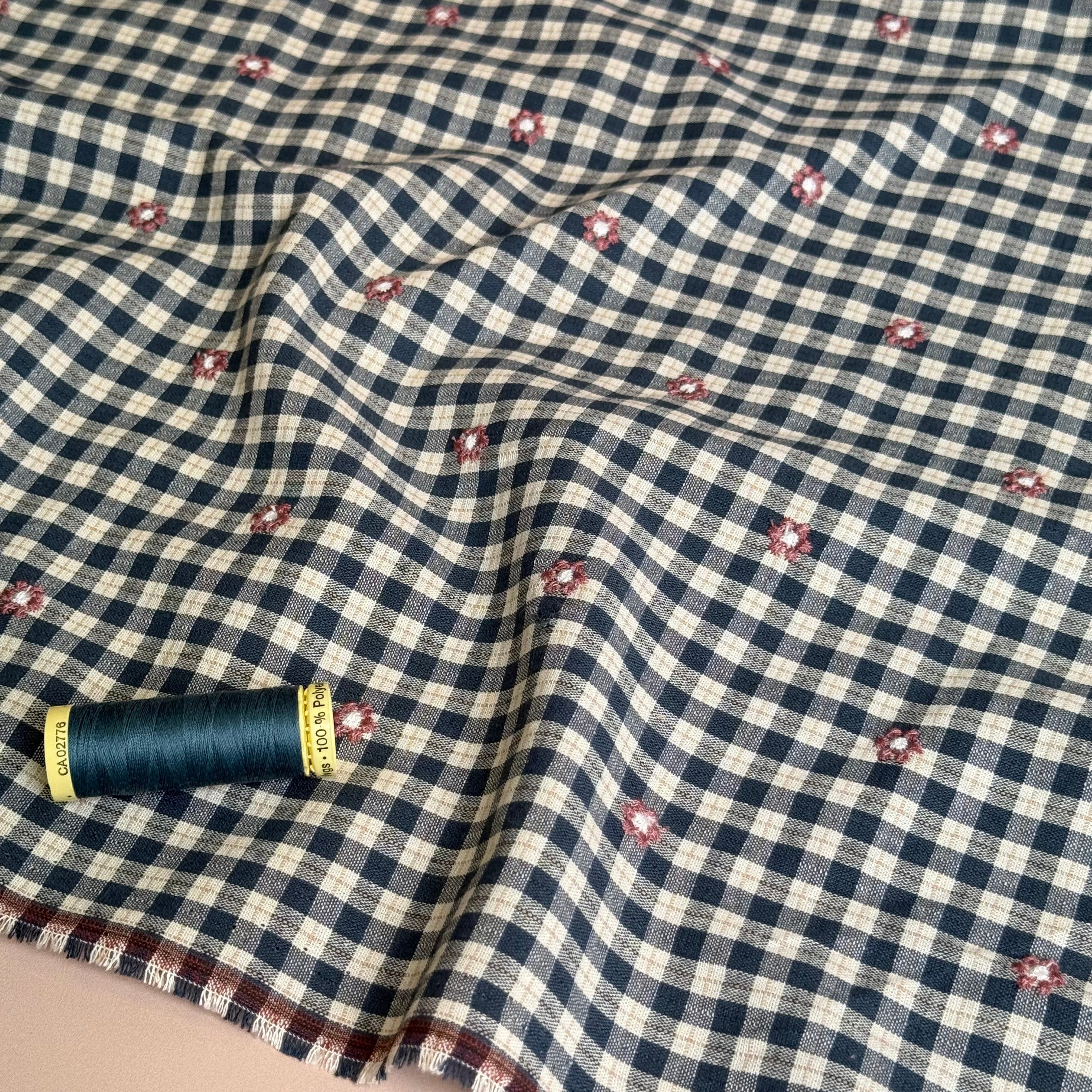 PRE-ORDER (arriving by end of October) - Embroidered Flowers on Petrol Gingham Cotton Viscose Fabric