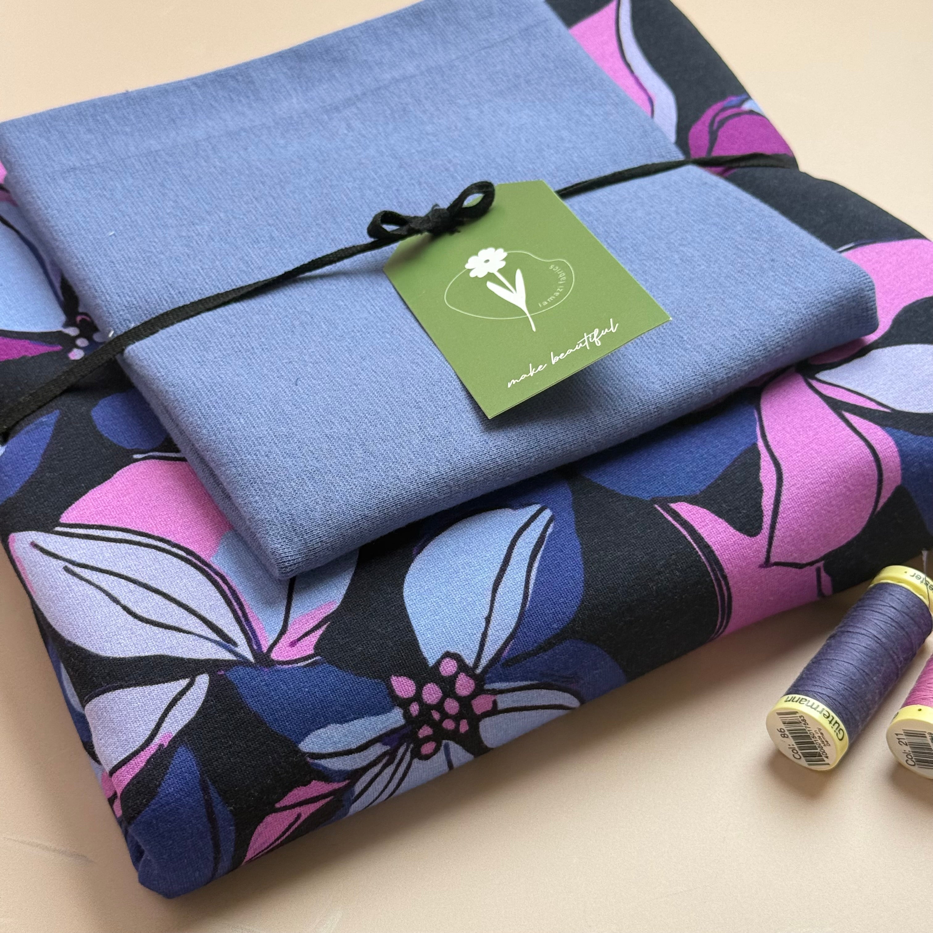 Colour Bundles - Lilies on Dark Navy Cotton Sweatshirting & Matching Ribbing