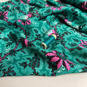 Ex-Designer Deadstock - Pink Blooms on Emerald Viscose Crepe