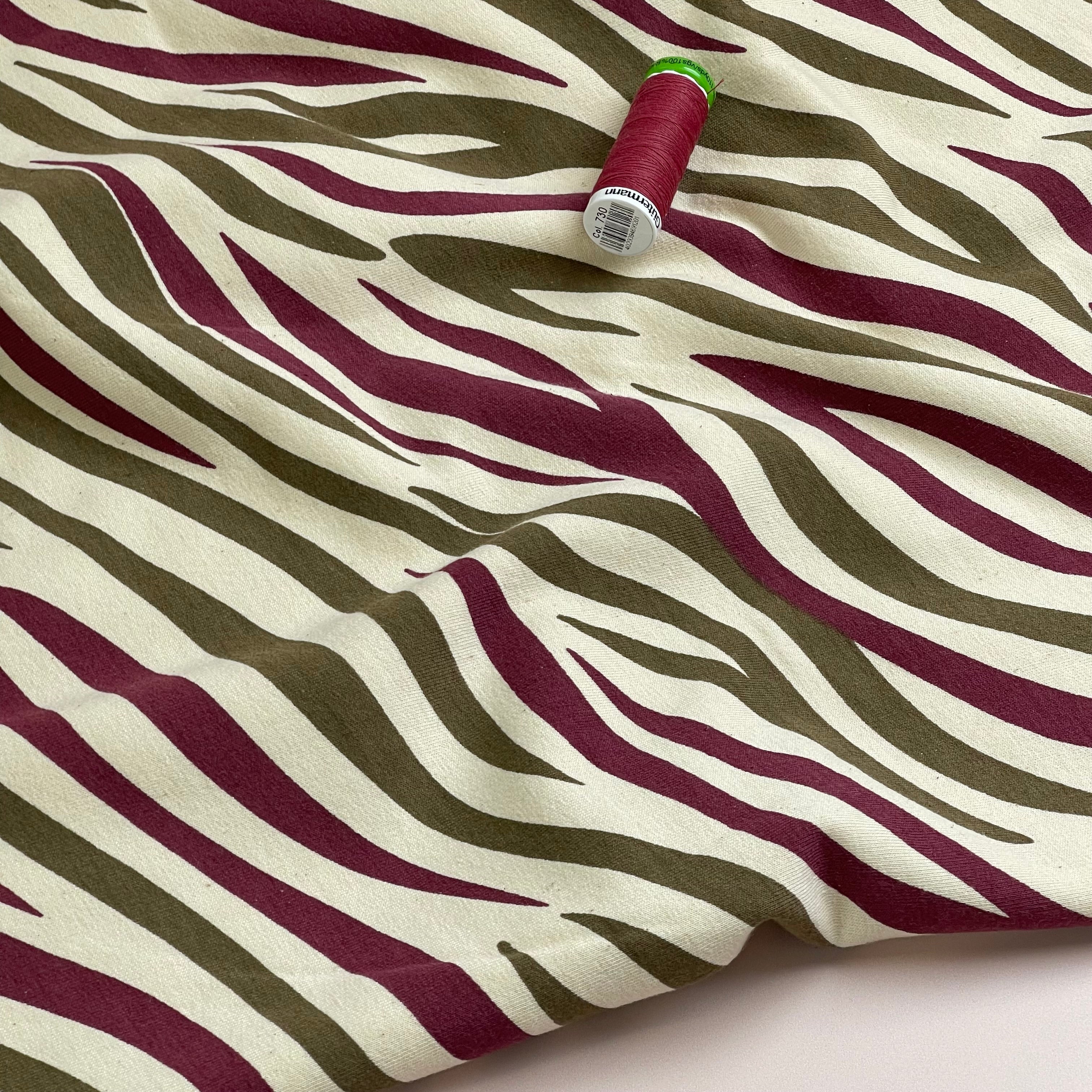 Zebra Burgundy and Olive Cotton Sweat-shirting Fabric