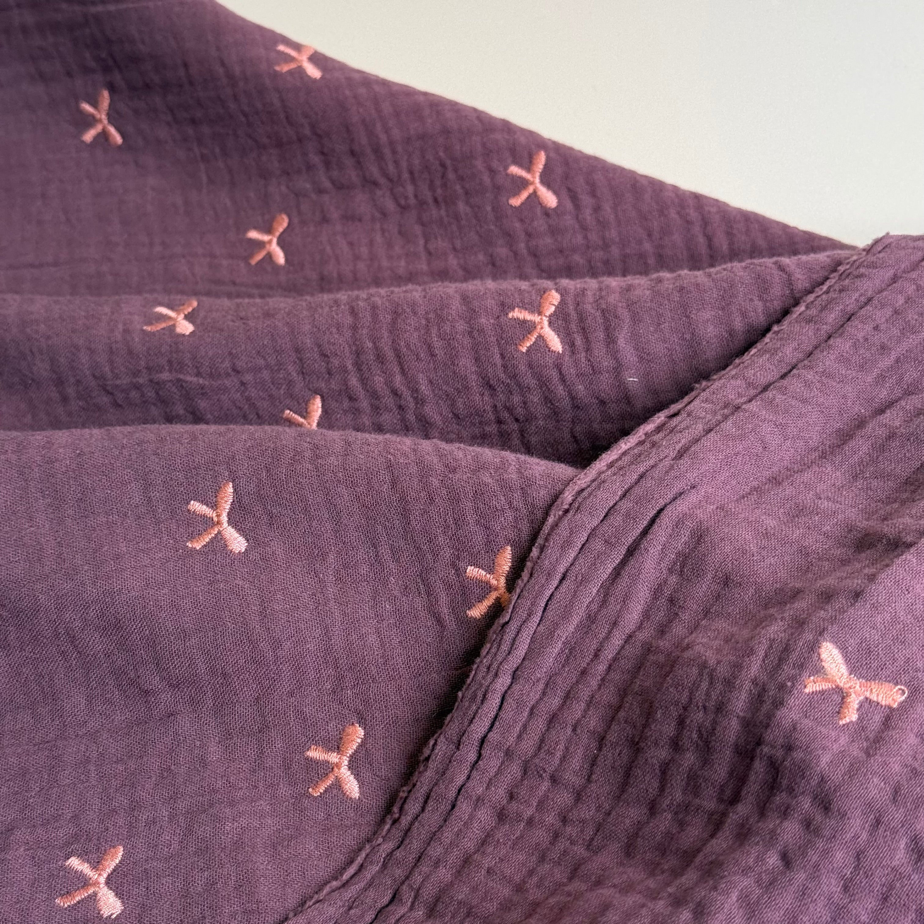 Embroidered Pink Bows on Burgundy Cotton Double Gauze