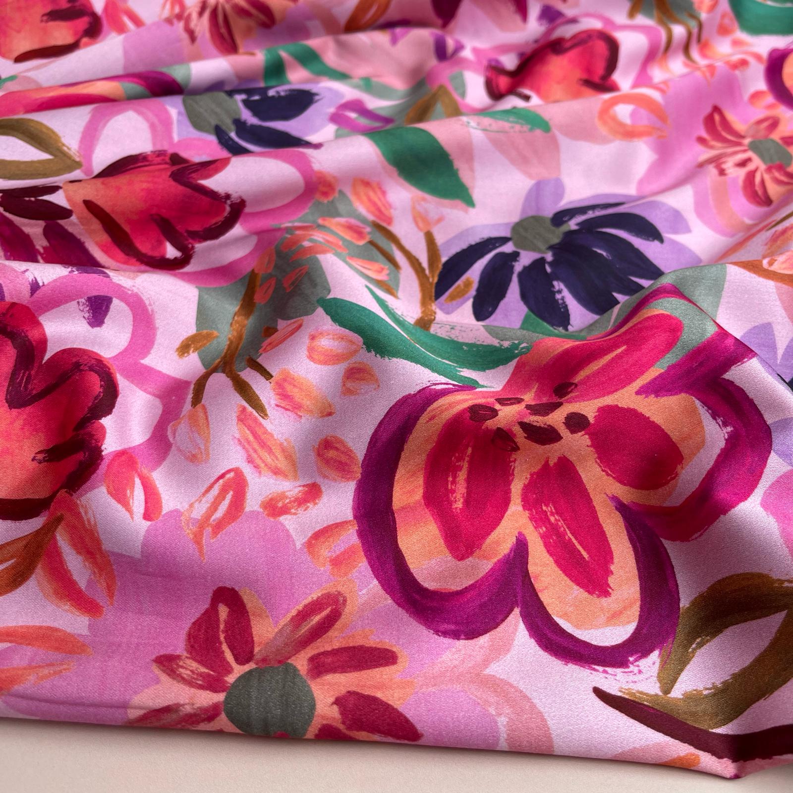 Painted Spring Garden on Pink Cotton Sateen Fabric