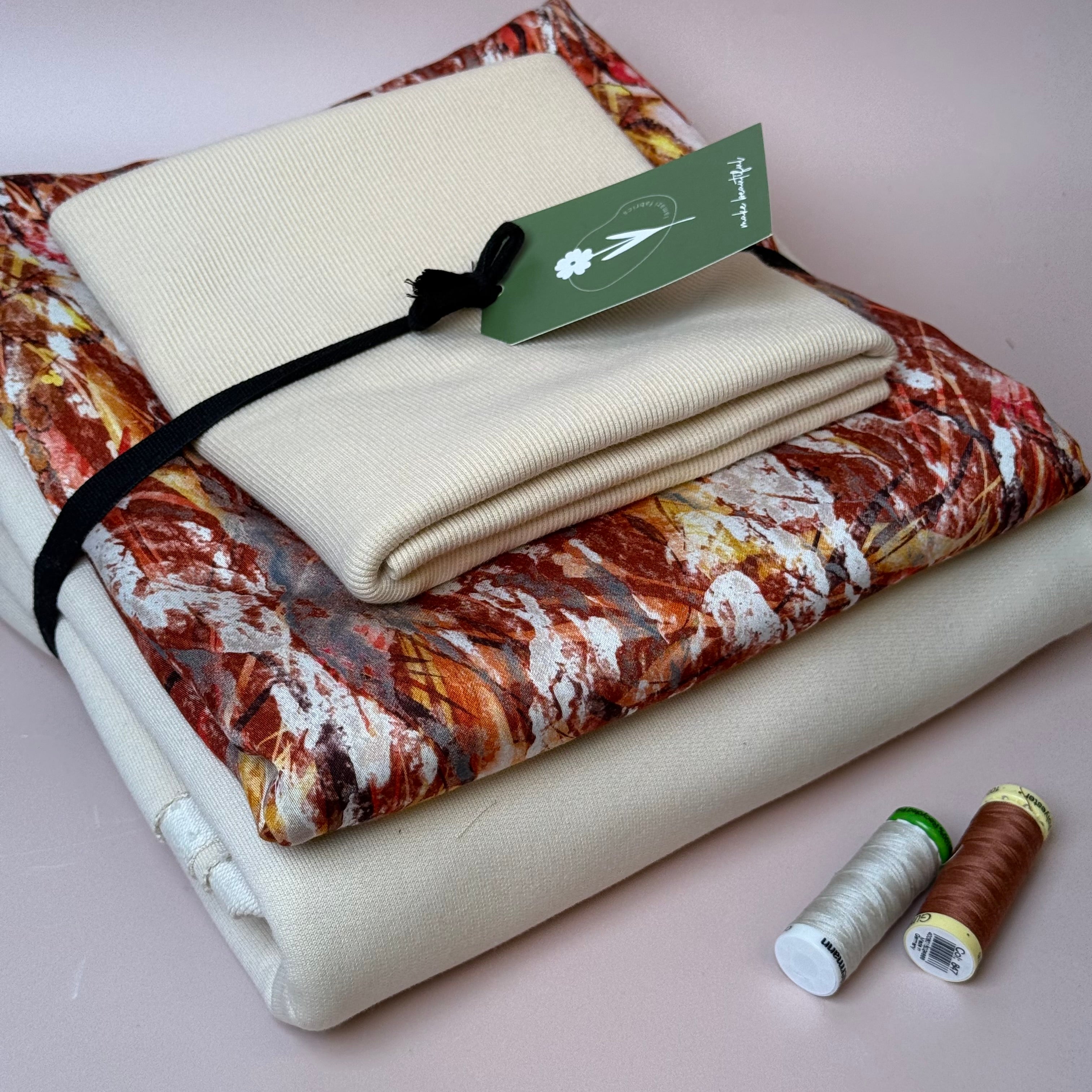 Make an Outfit Colour Bundle - Autumn Foliage & Cotton French Terry in Cream with Ribbing