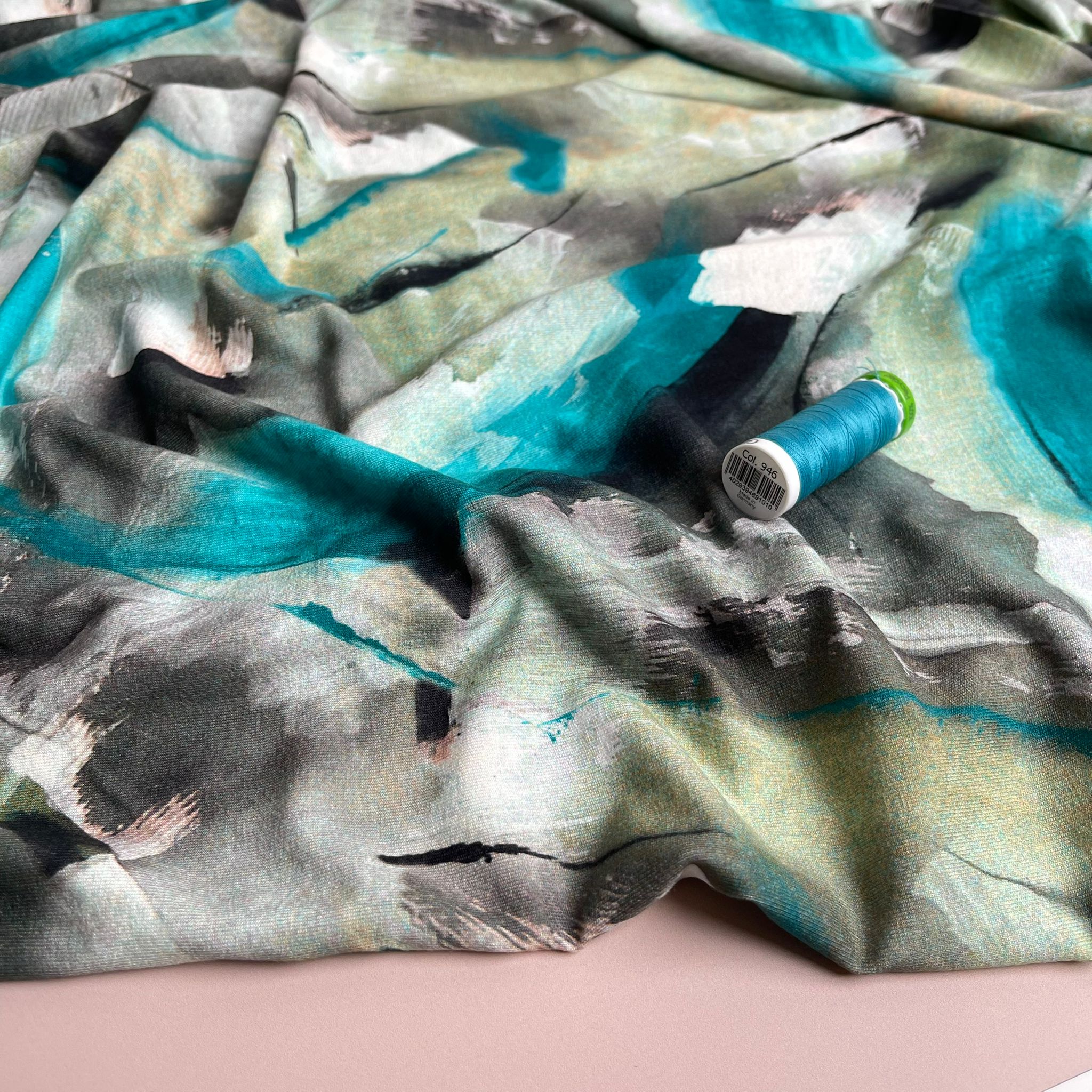 Abstract Painting in Turquoise and Olive Viscose Jersey Fabric