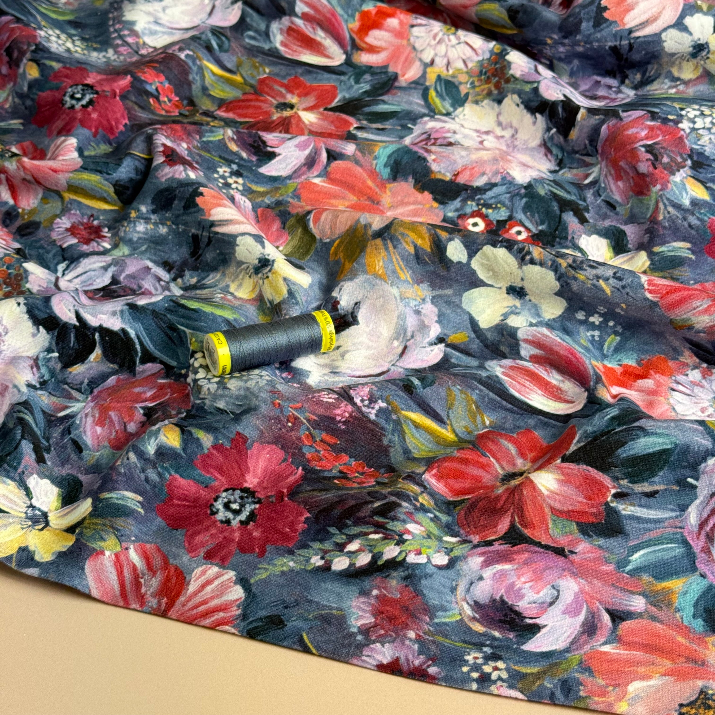 Autumn Bouquet Blue Cotton Sweat-shirting Fabric