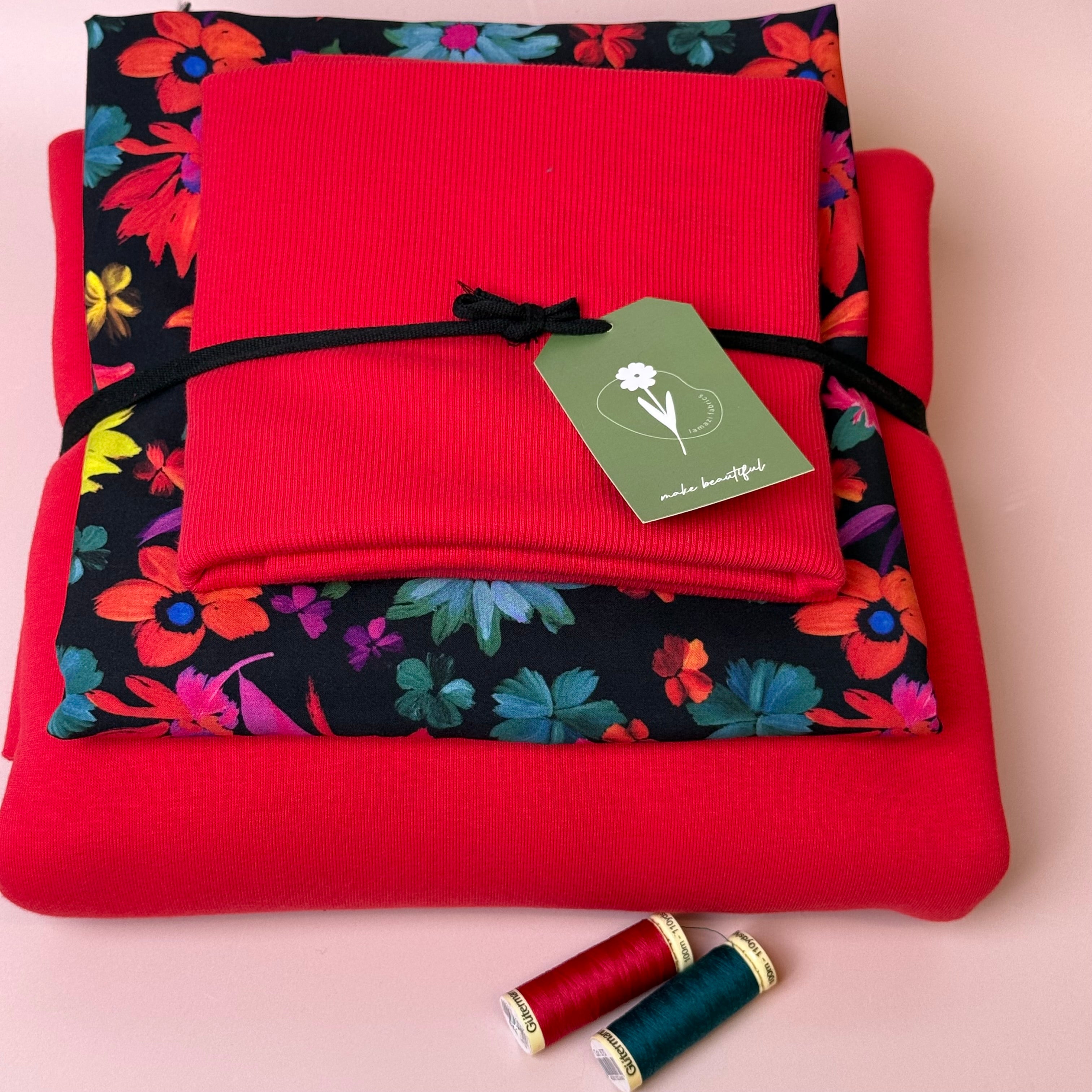 Make an Outfit Colour Bundle - Dopamine Flowers Viscose & Sweatshirting in Red with Ribbing