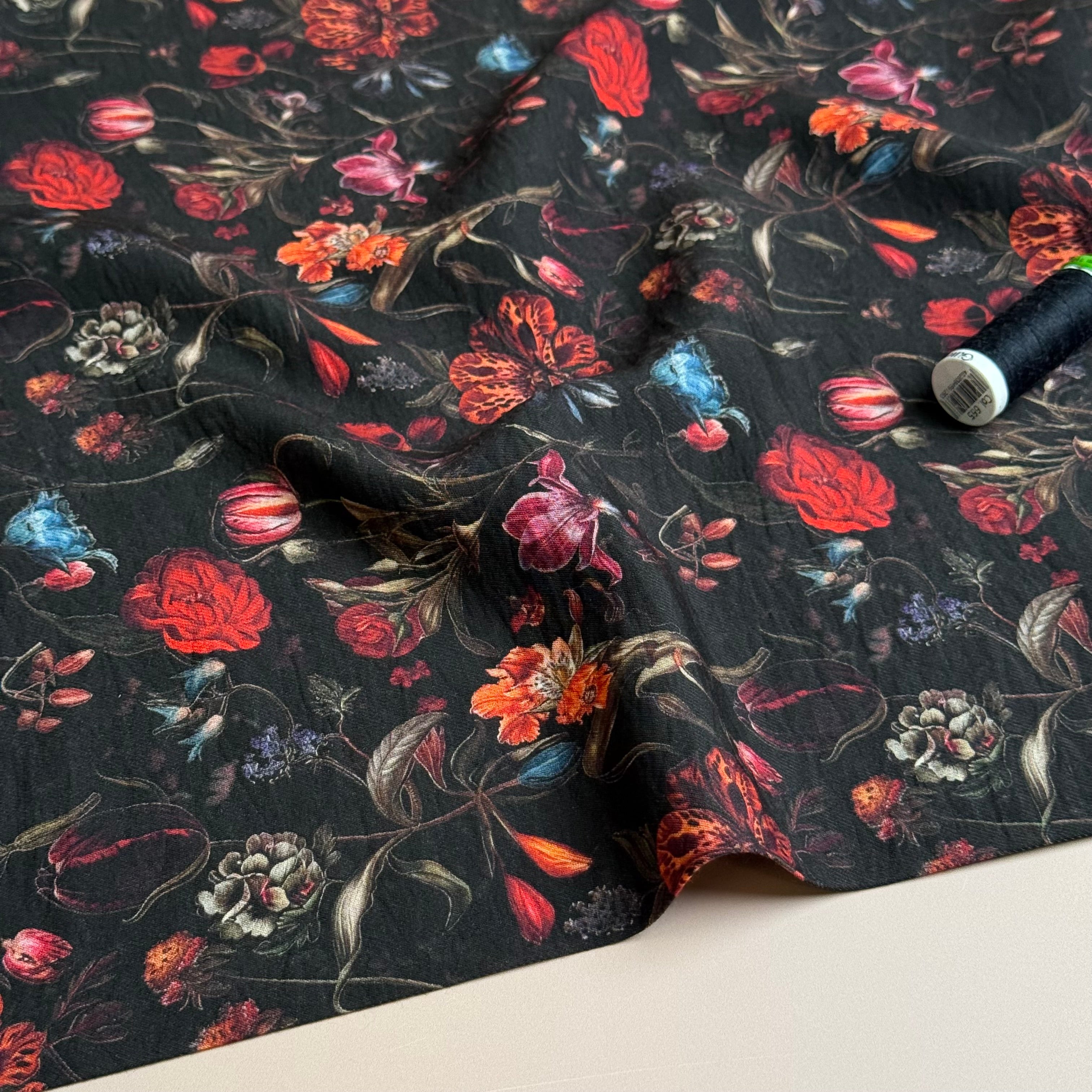 Winter Flowers Black Fine Viscose Twill