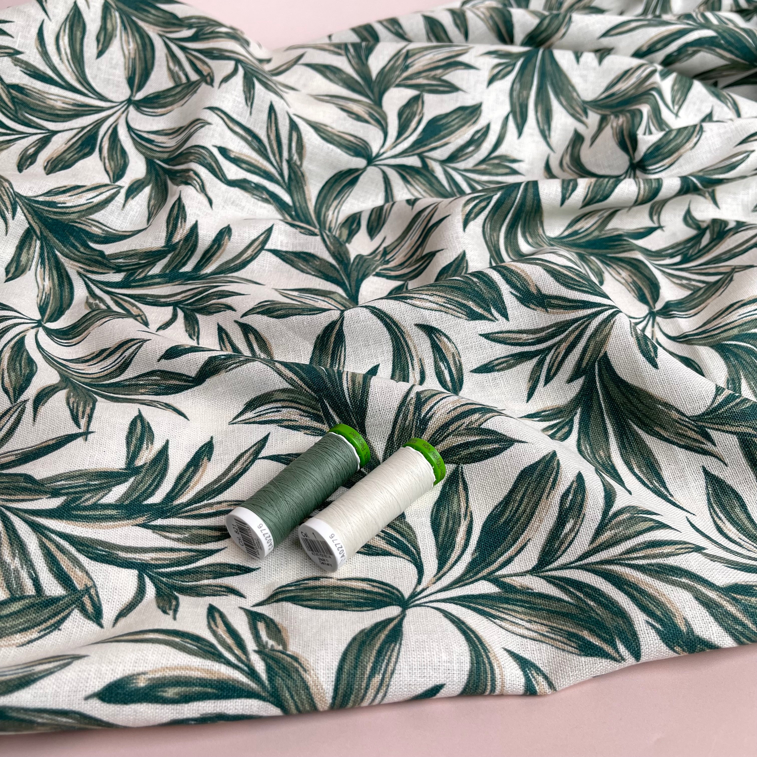 Leaves on Ecru Washed Linen Viscose Blend Fabric