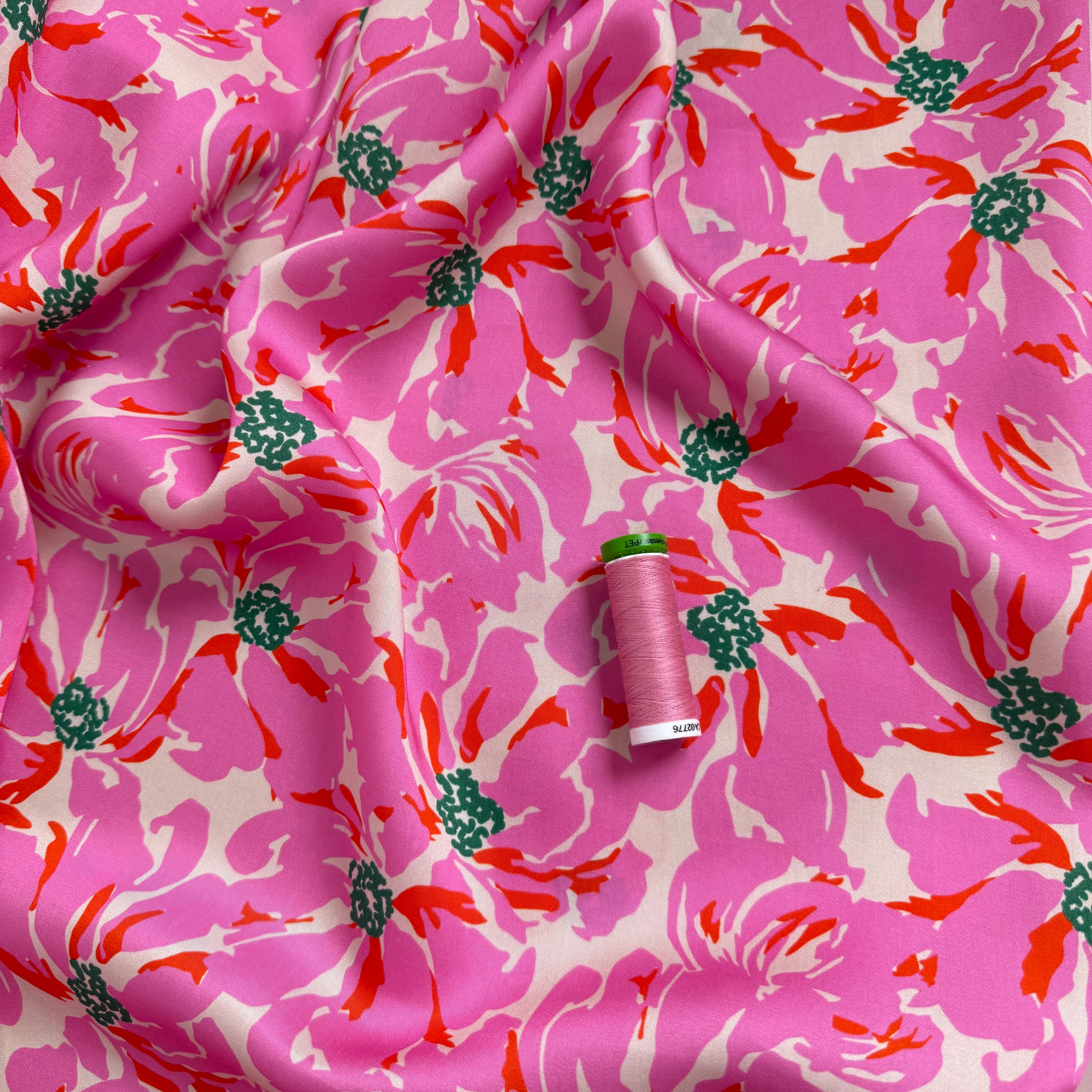 Painted Pink Flowers Lyocell Sateen Fabric