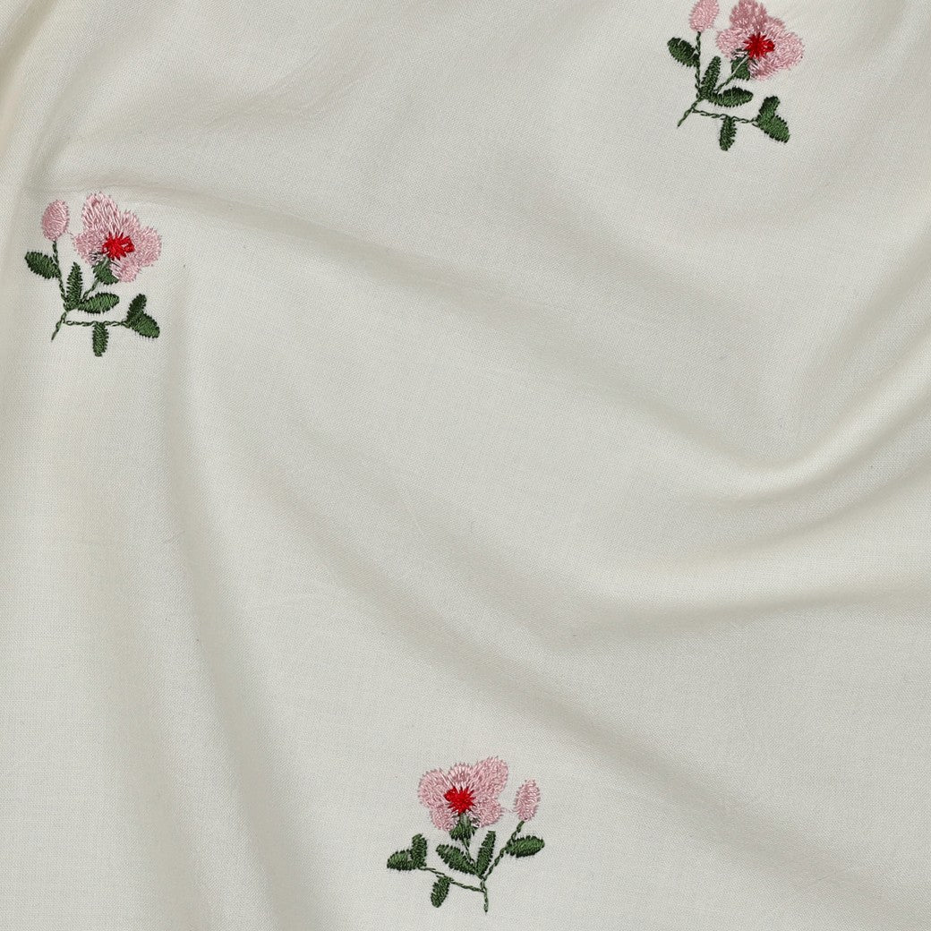 Embroidered Pink Flowers on White Cotton Fabric