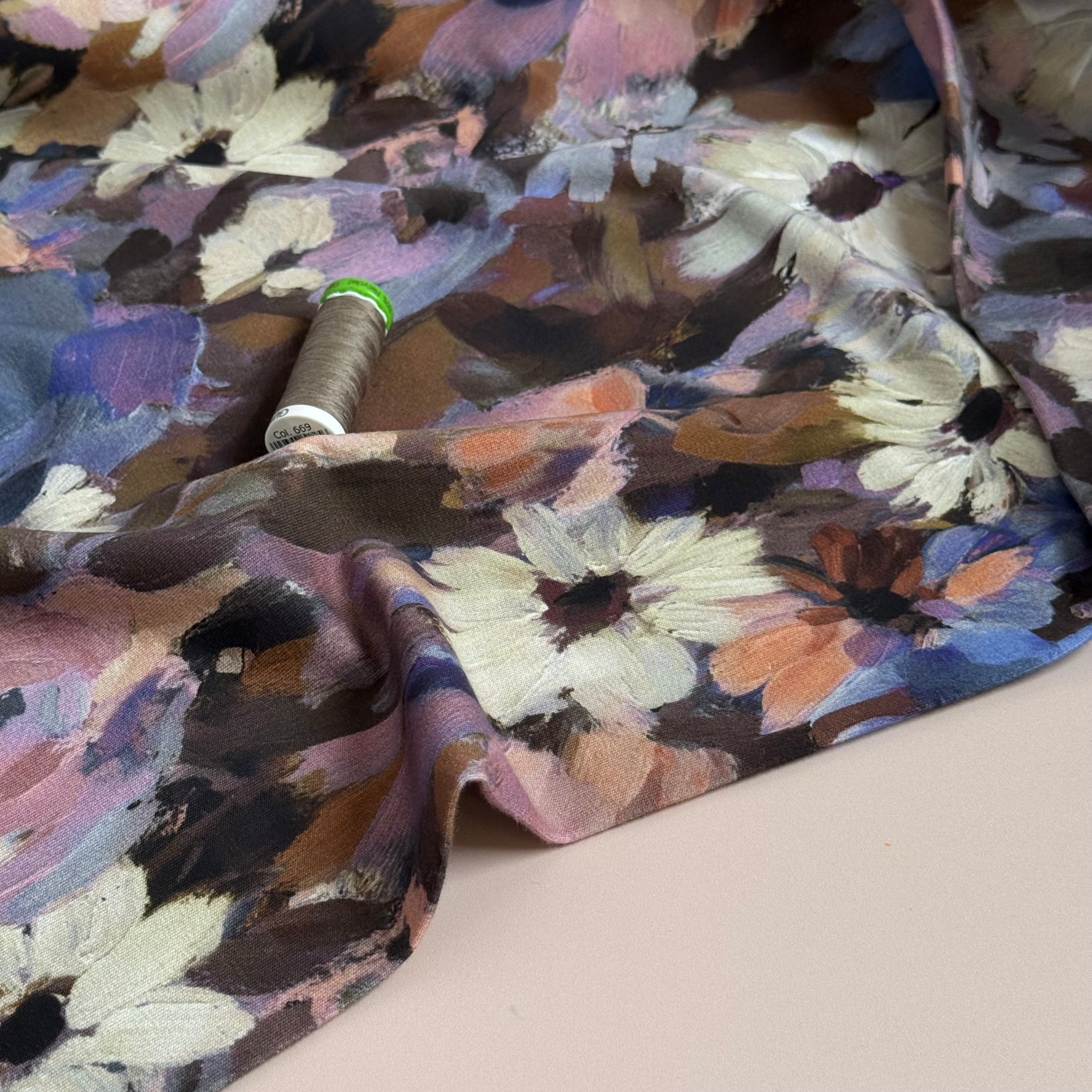 Painted Florals Brown Cotton French Terry Fabric