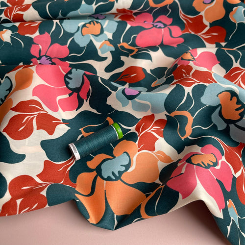 Abstract Coral and Blue Blooms Cotton Sateen Fabric