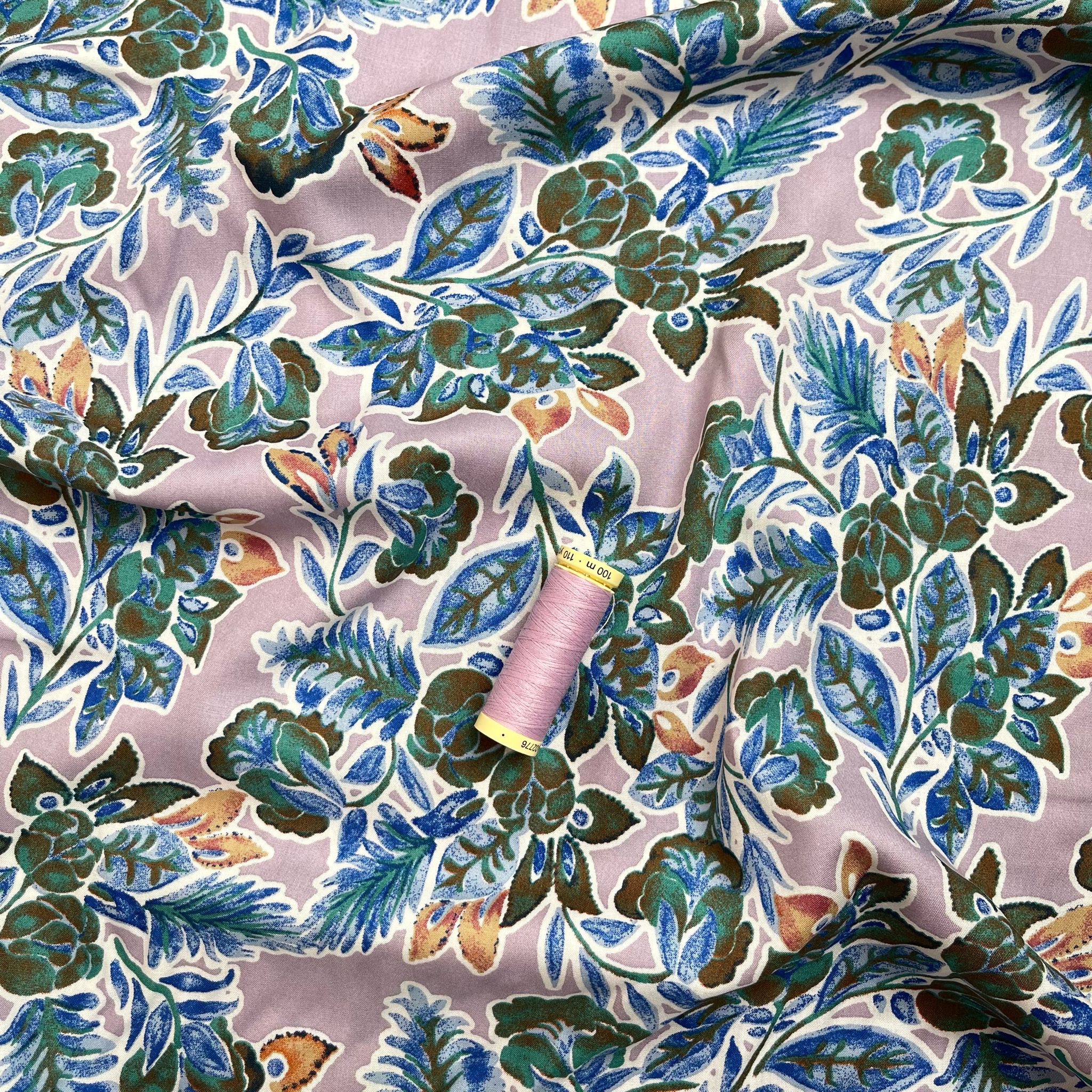 Green Foliage on Mauve Viscose Fabric