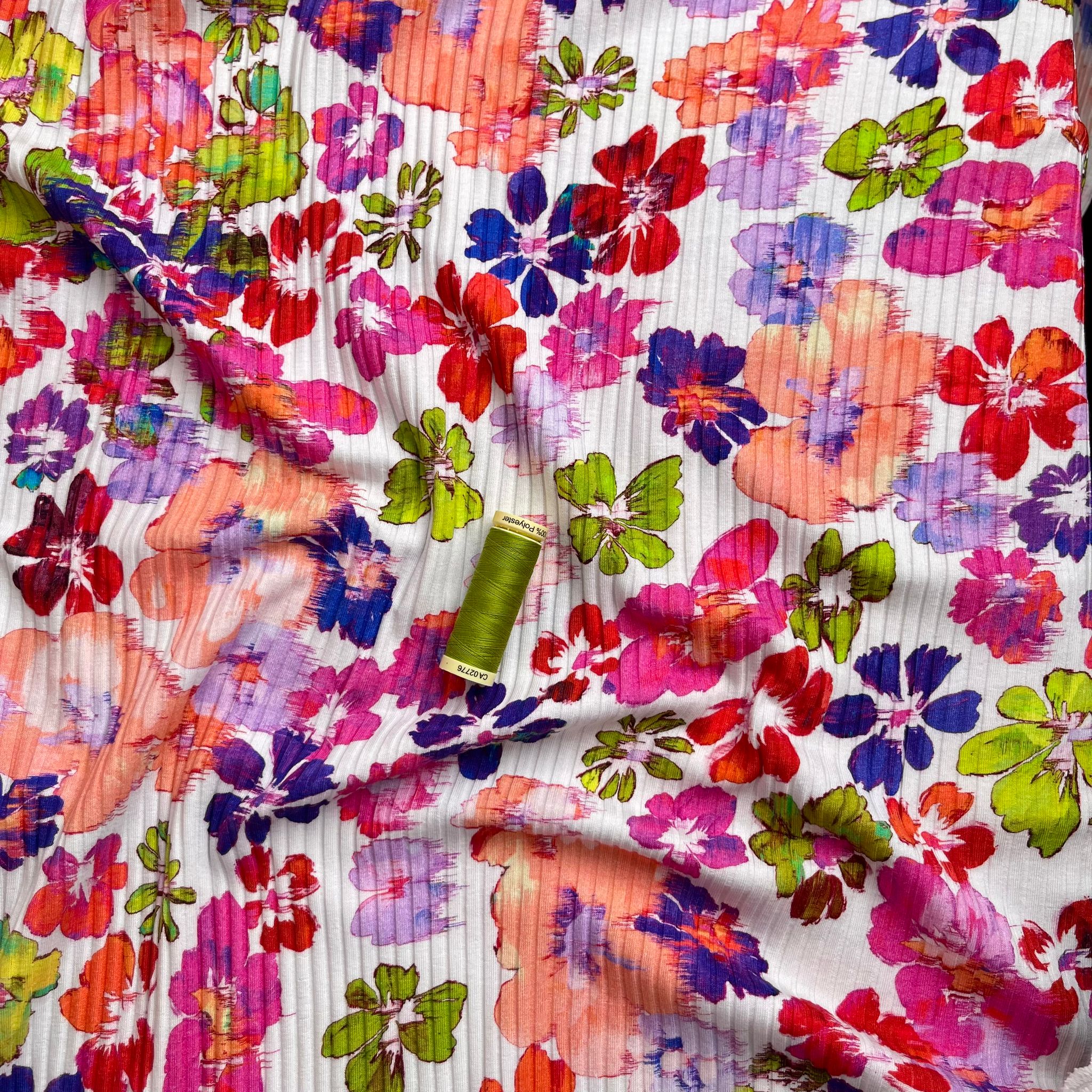 Spring Watercolour Flowers Cotton Ribbed Jersey