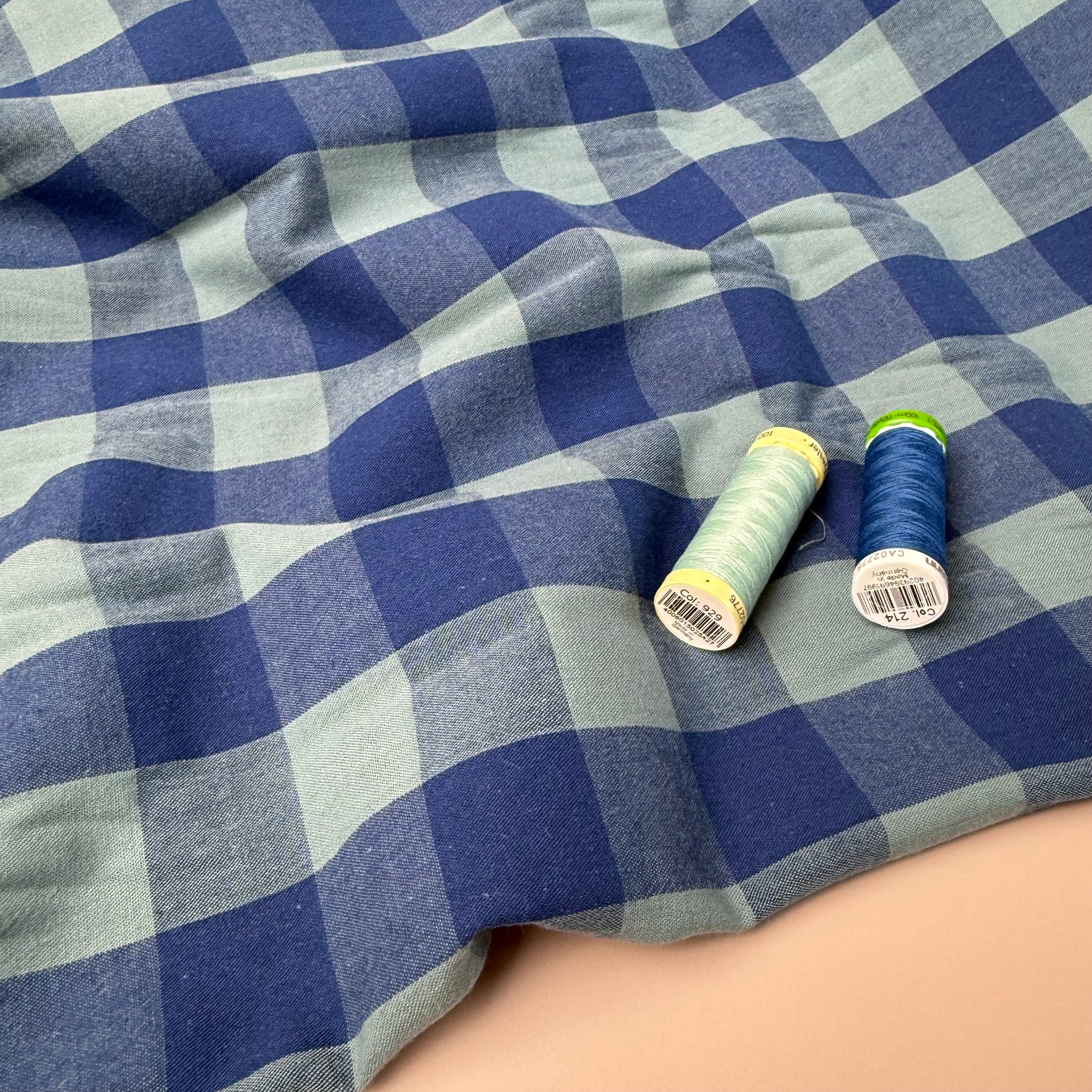 Yarn Dyed Washed Cotton Check Fabric in Blue and Sage Green