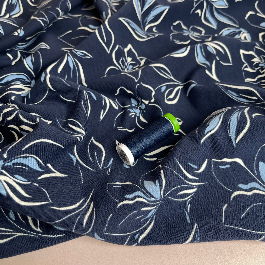 REMNANT 1.30 Metres - Line Flowers on Navy Recycled Cotton French Terry