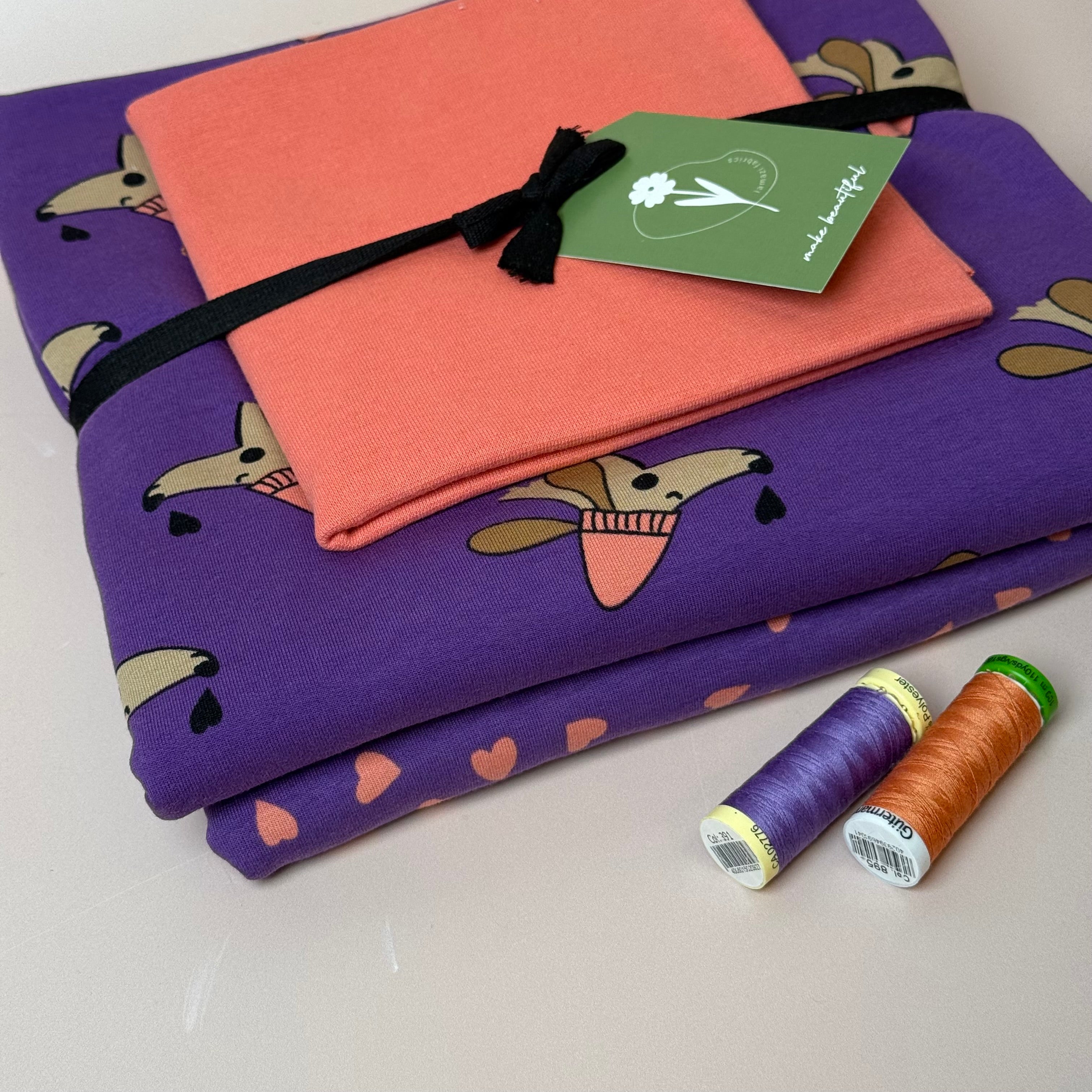Make an Outfit Colour Bundle - Dogs and Heart Purple Cotton Sweat-shirting with Ribbing