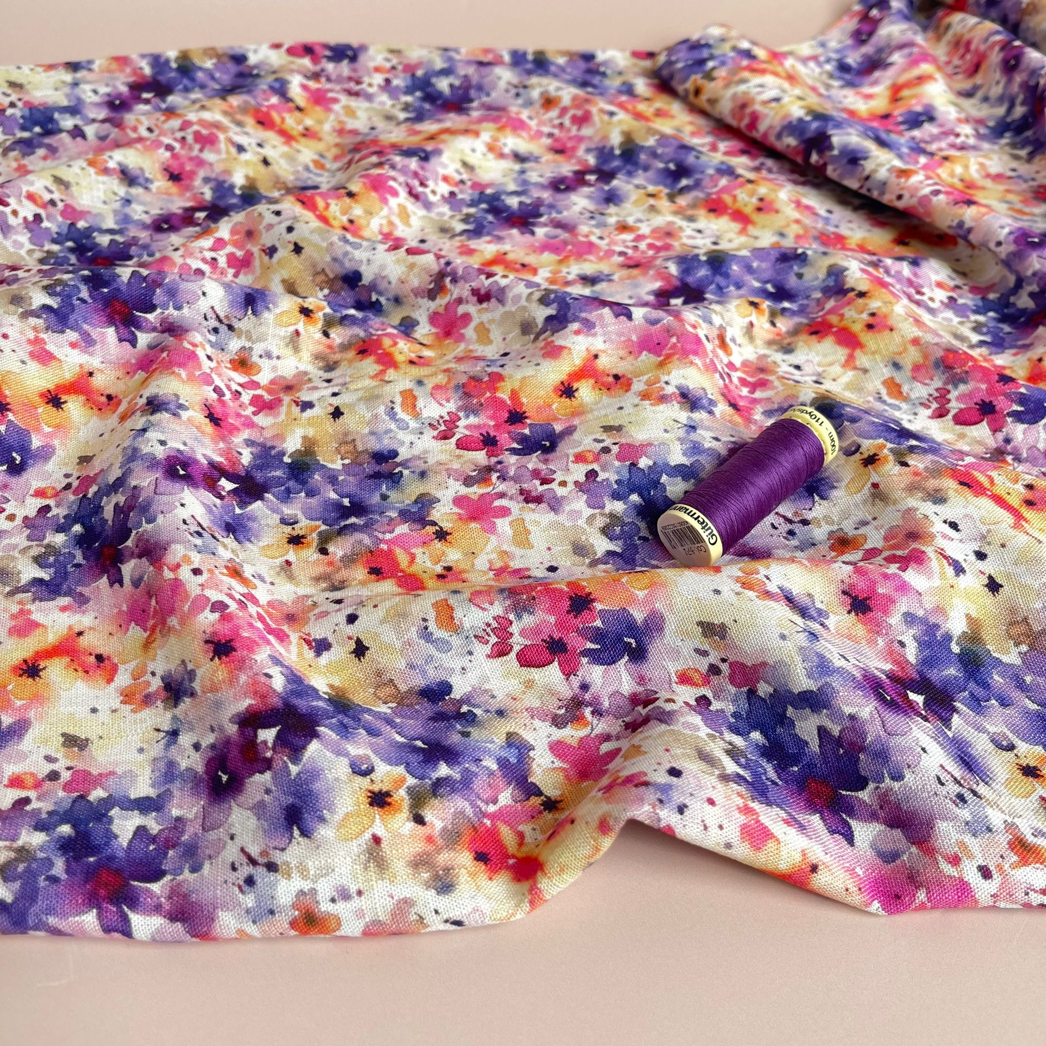 Purple Meadow Viscose Linen Fabric