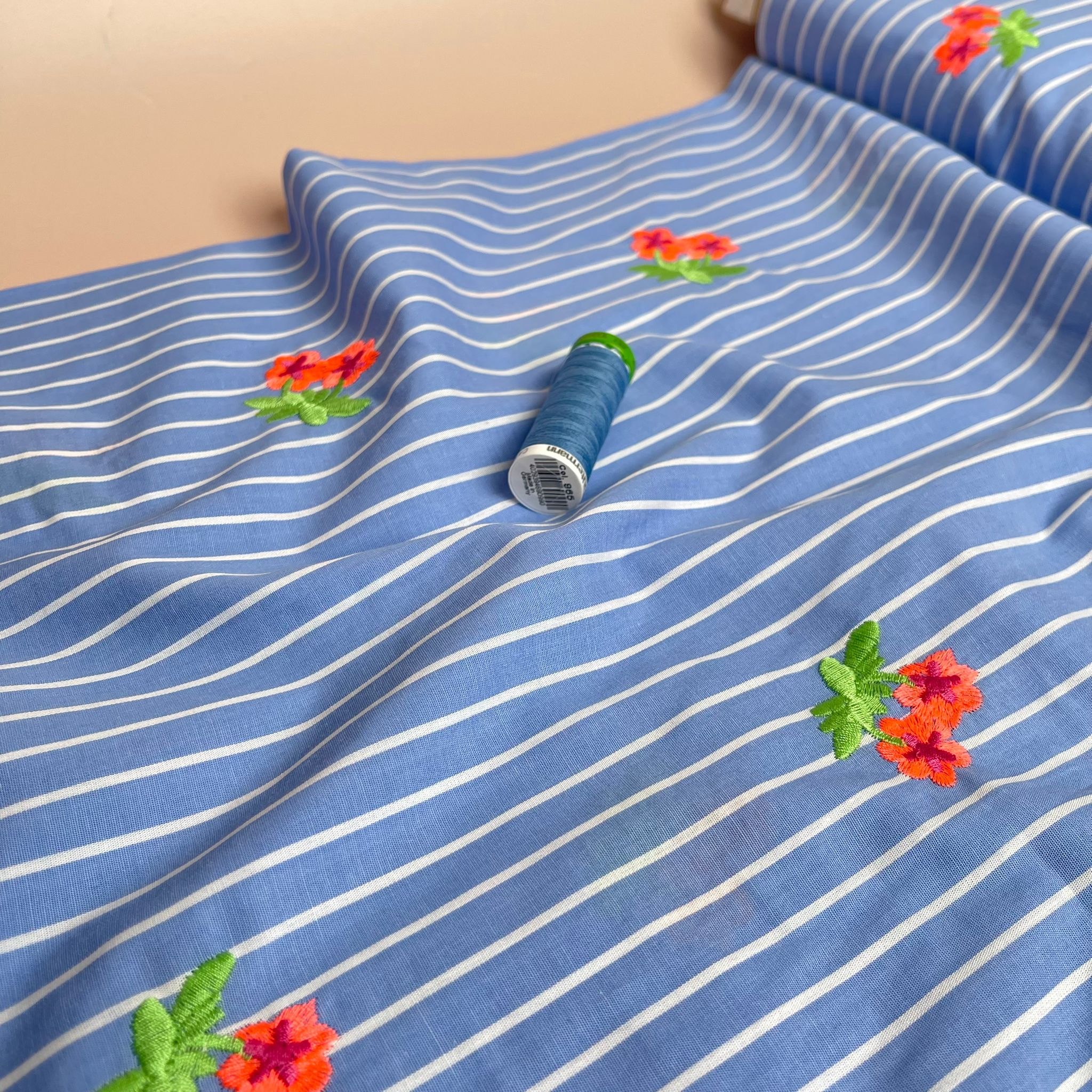 Embroidered Red Flowers on Blue Striped Cotton Fabric