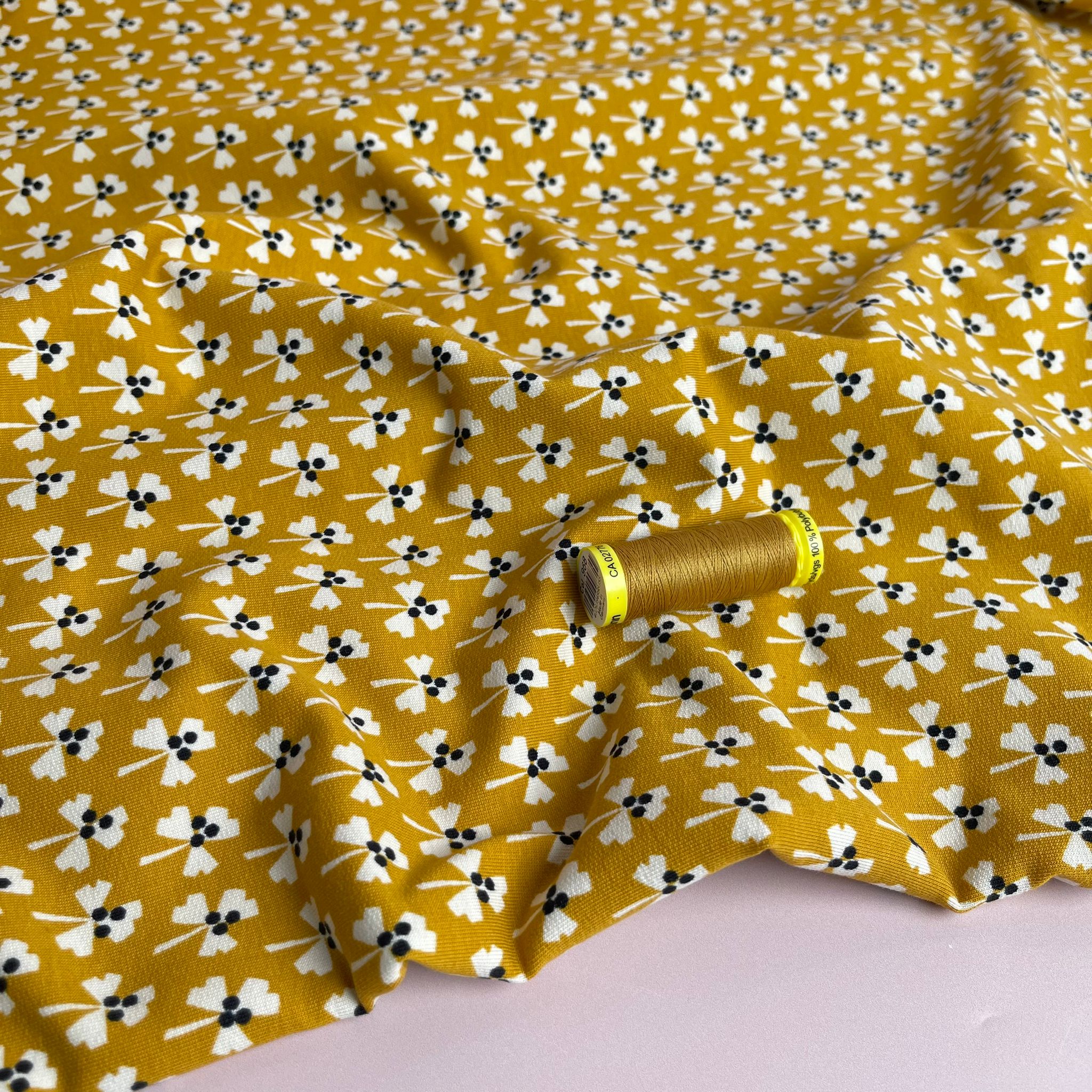 Monochrome Clovers on Yellow Cotton French Terry