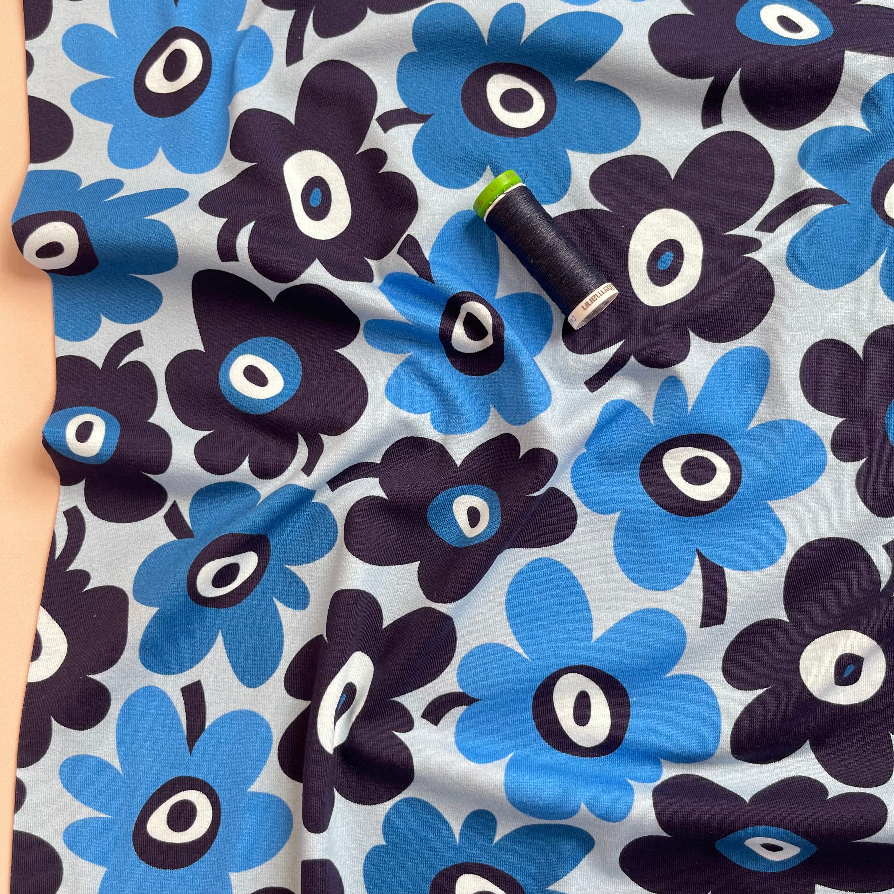 REMNANT 0.5 Metre - Danish Design - Graphic Flowers Blue Cotton Jersey Fabric