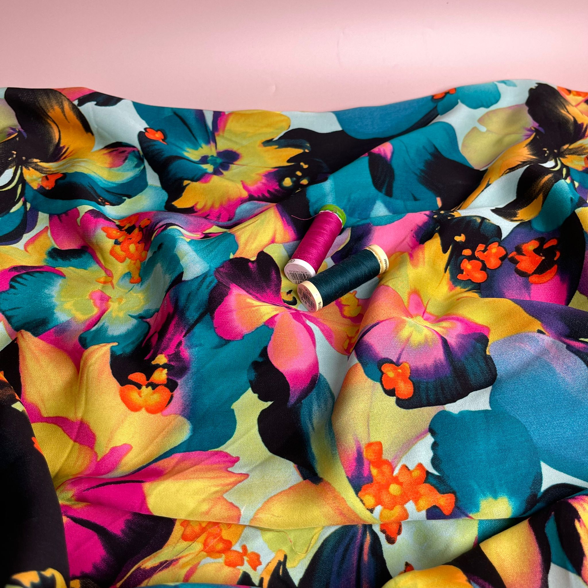 REMNANT 1.00 Metre - Vibrant Blooms in Turquoise and Pink Viscose Sateen Fabric