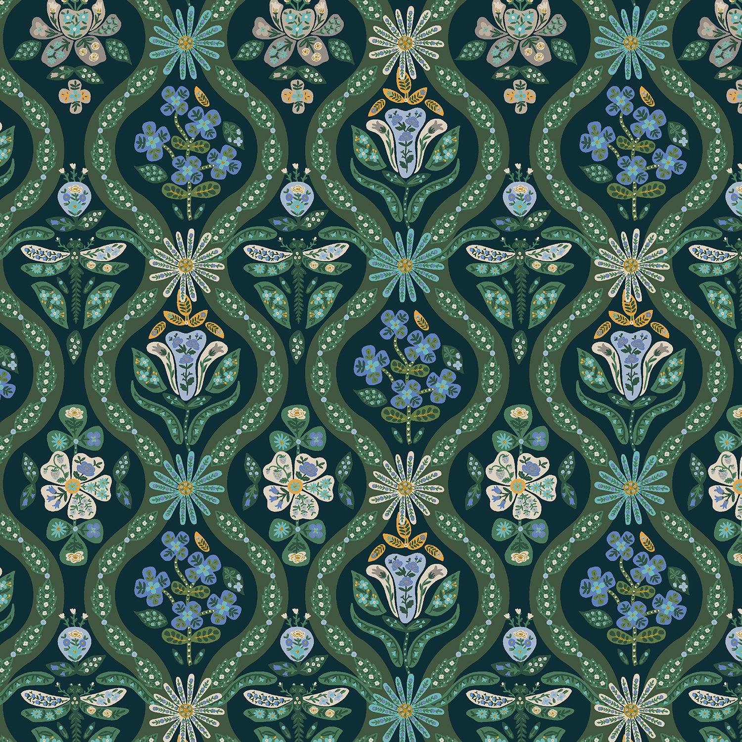 Rifle Paper Co - Posie in Peacock Metallic Cotton Fabric from English Rose