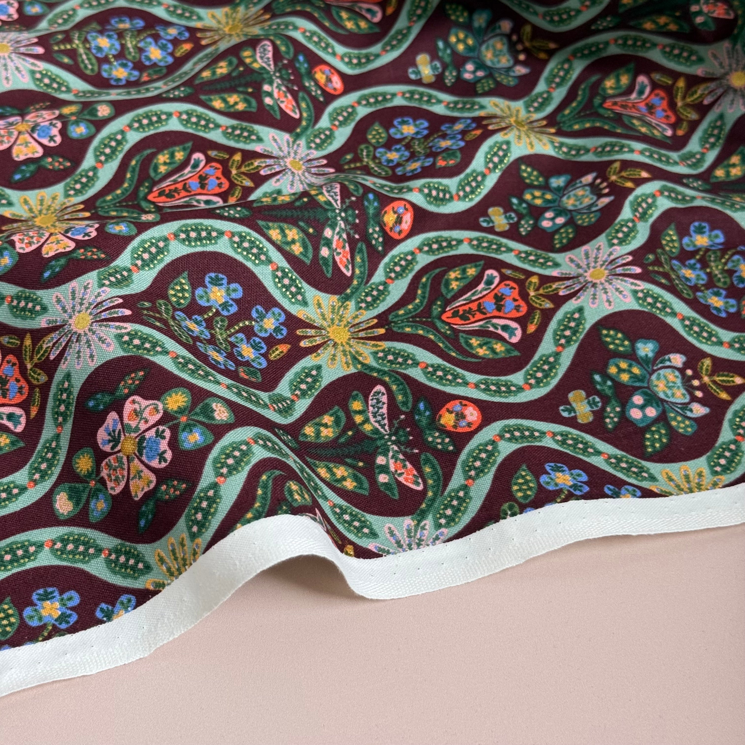 Rifle Paper Co - Posie in Burgundy Metallic Cotton Fabric from English Rose