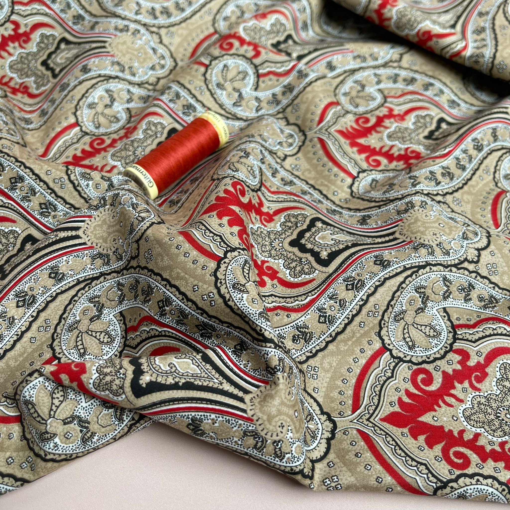 Ornate Damask on Red Cotton Lawn Fabric