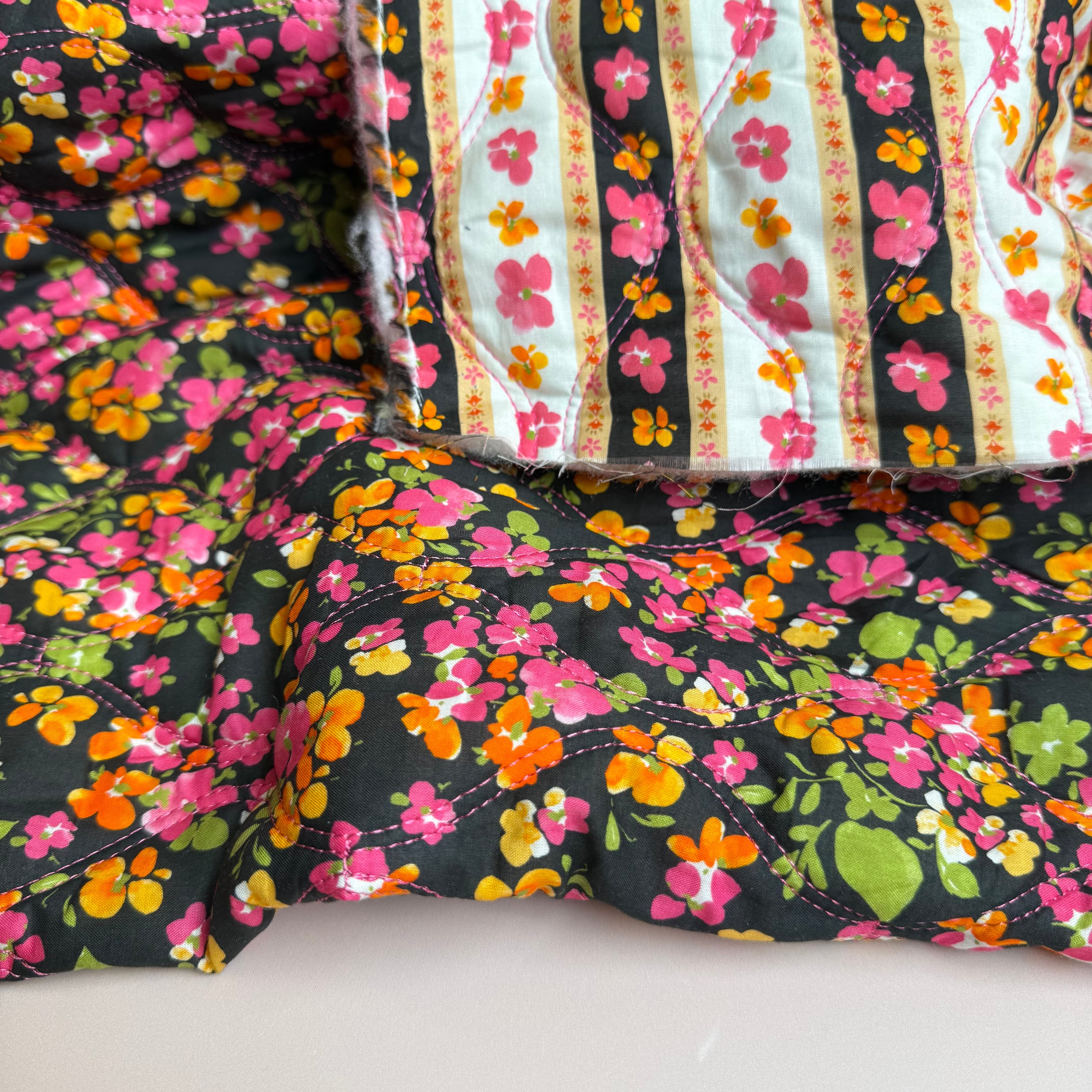 Spring Flowers on Black Quilted Cotton Fabric