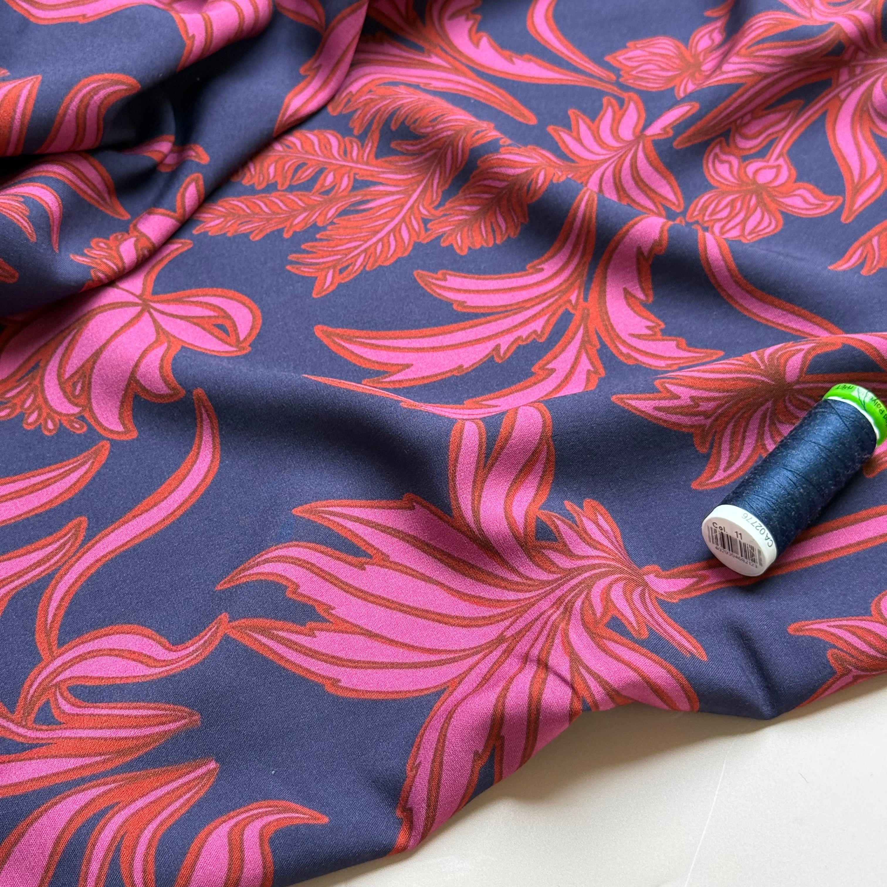 Deadstock - Autumn Foliage on Navy Viscose Fabric