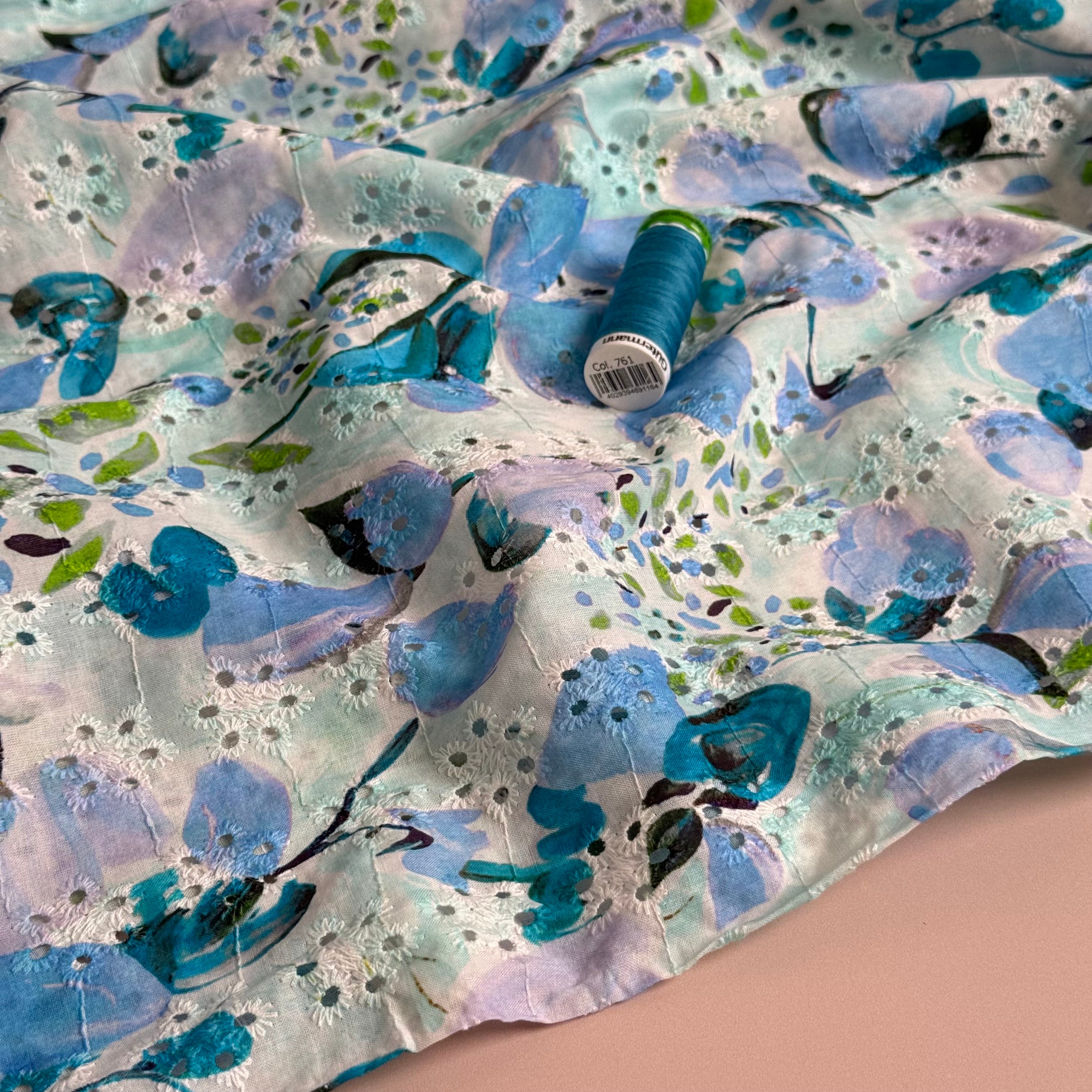 Blue Flowers on Embroidered White Cotton Voile Fabric