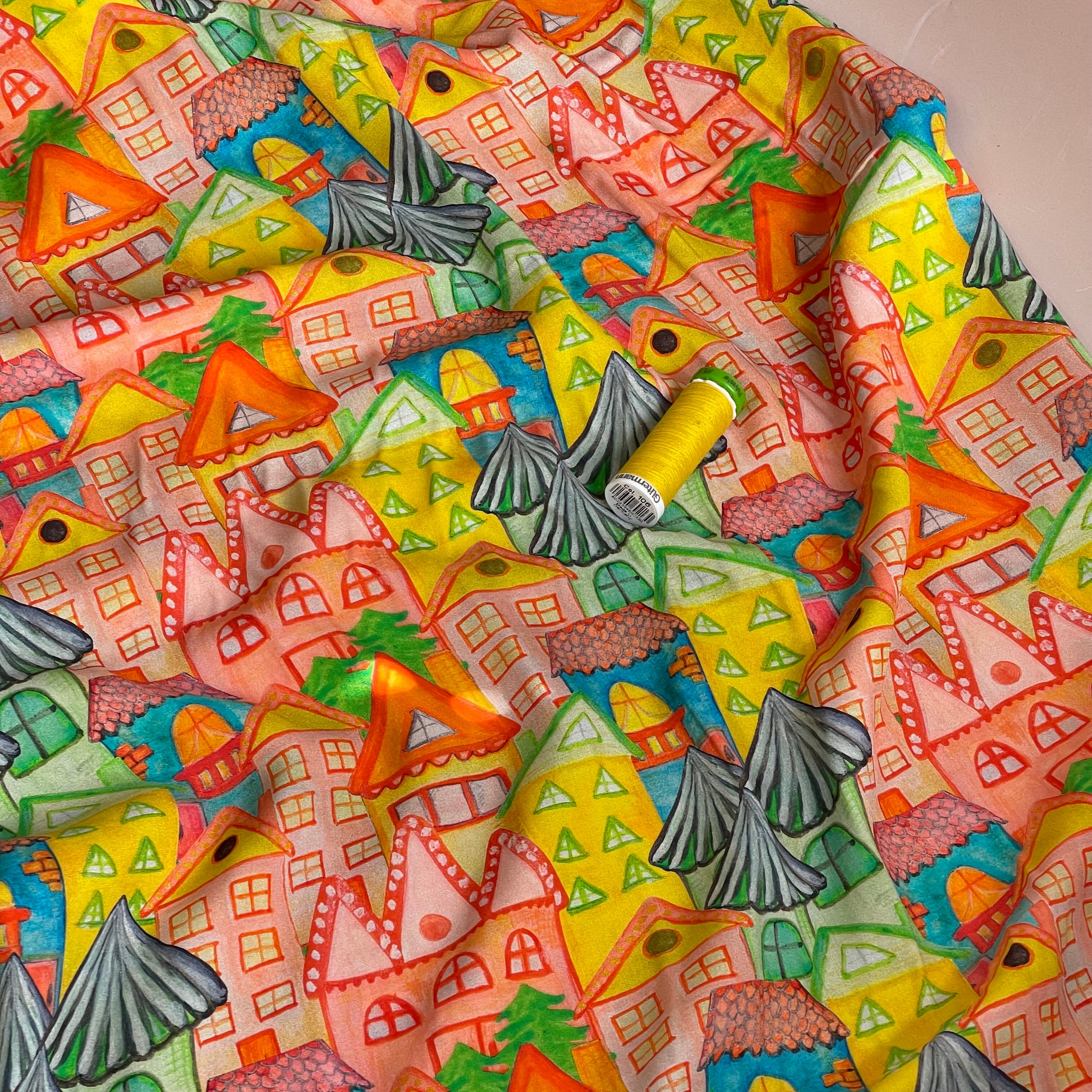 Playful Houses Viscose Poplin Fabric