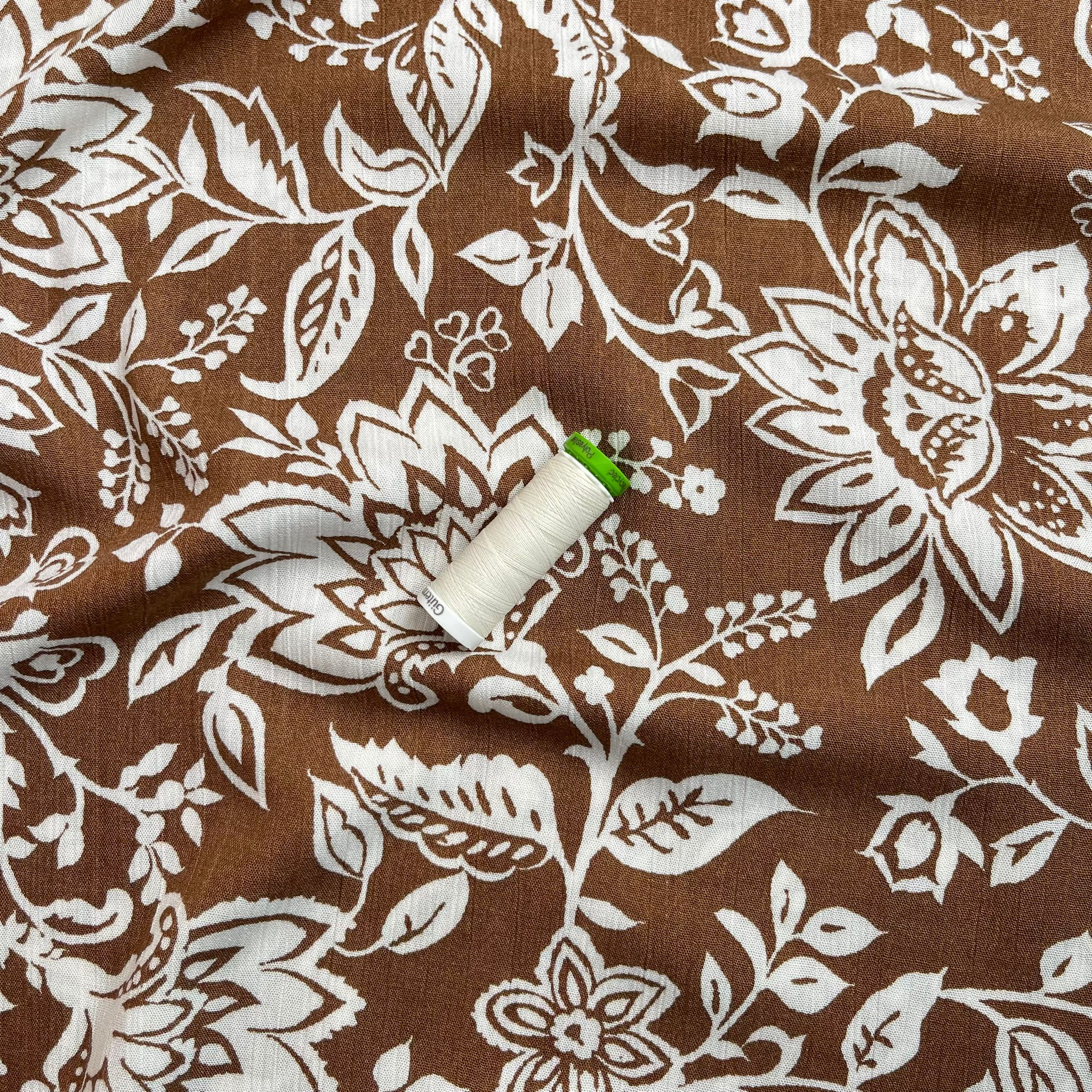 Ex-Designer Ornate Flower on Brown Crinkle Viscose Fabric