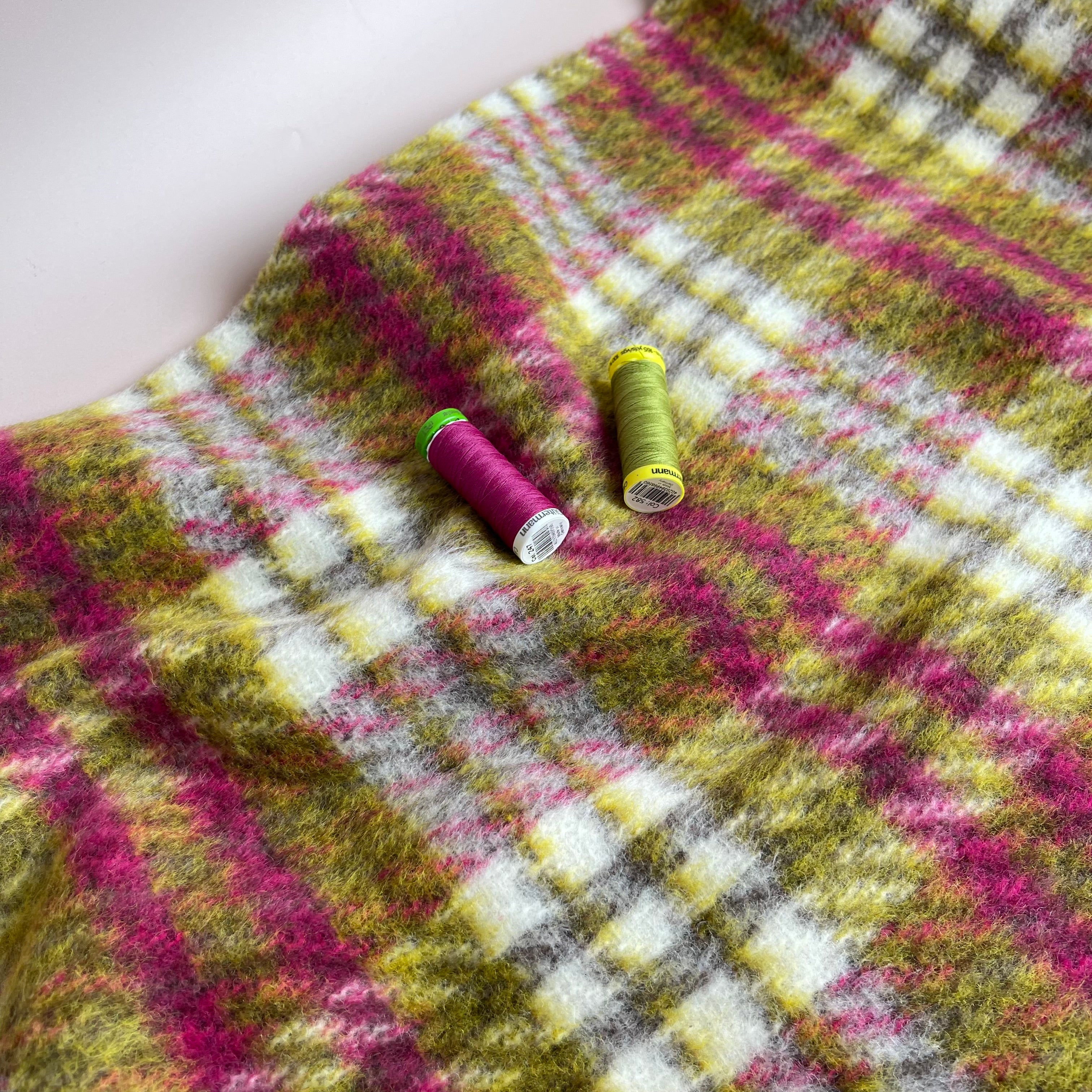 Kirstie in Green and Pink Checked Wool & Cotton Blend Coat Fabric