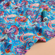 Purple Paisley on Turquoise Viscose Poplin Fabric