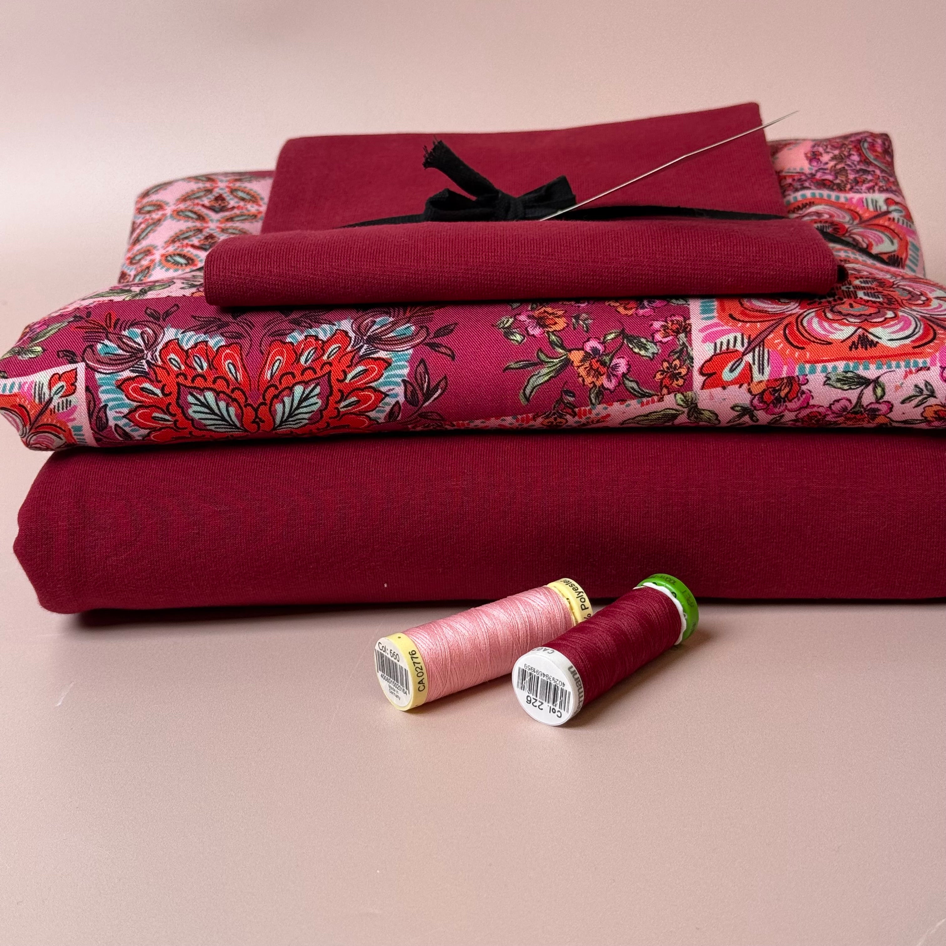 Make an Outfit Colour Bundle - Vintage Patchwork Viscose Twill in Berry & Sweatshirting with ribbing