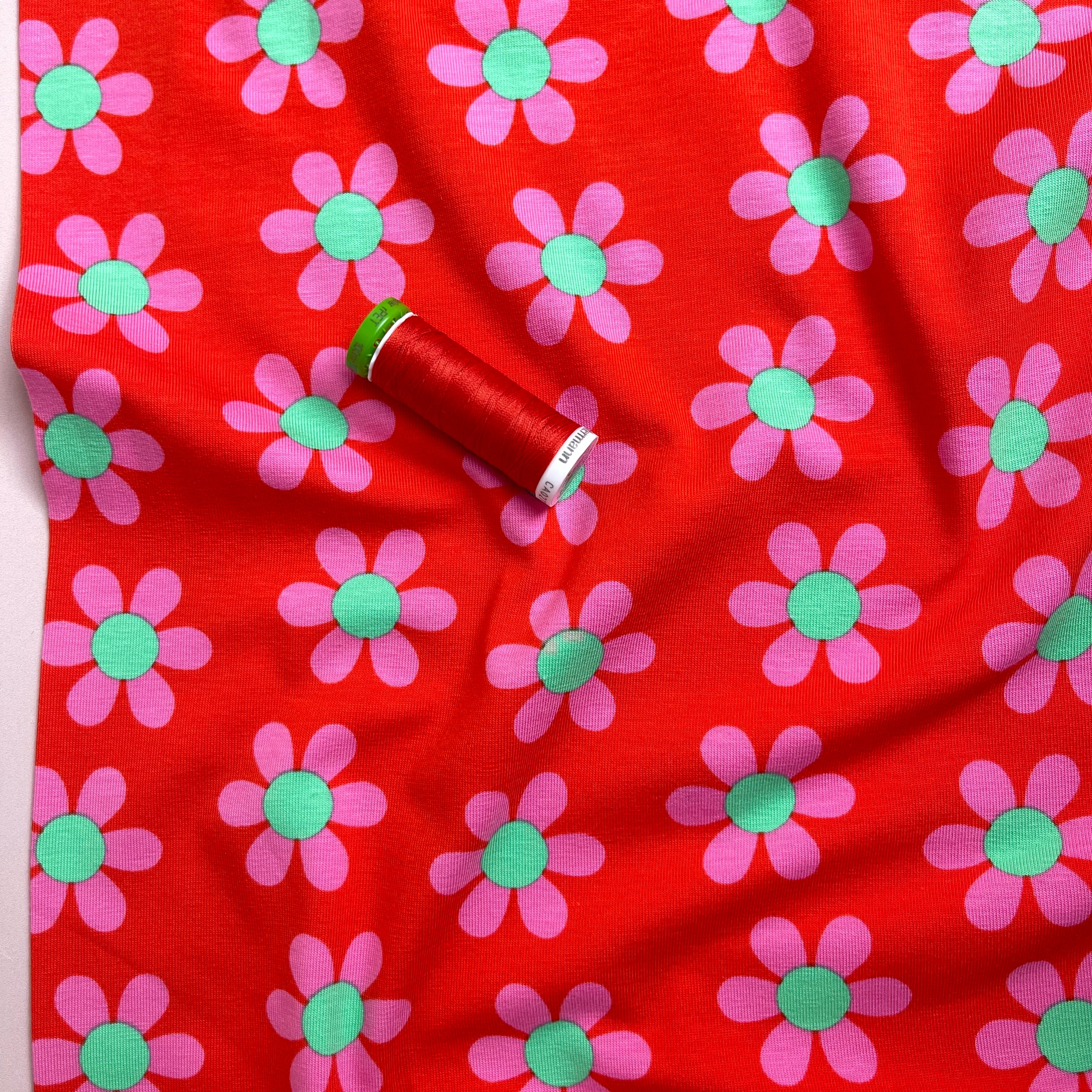 Graphic Flowers Red Cotton Jersey Fabric