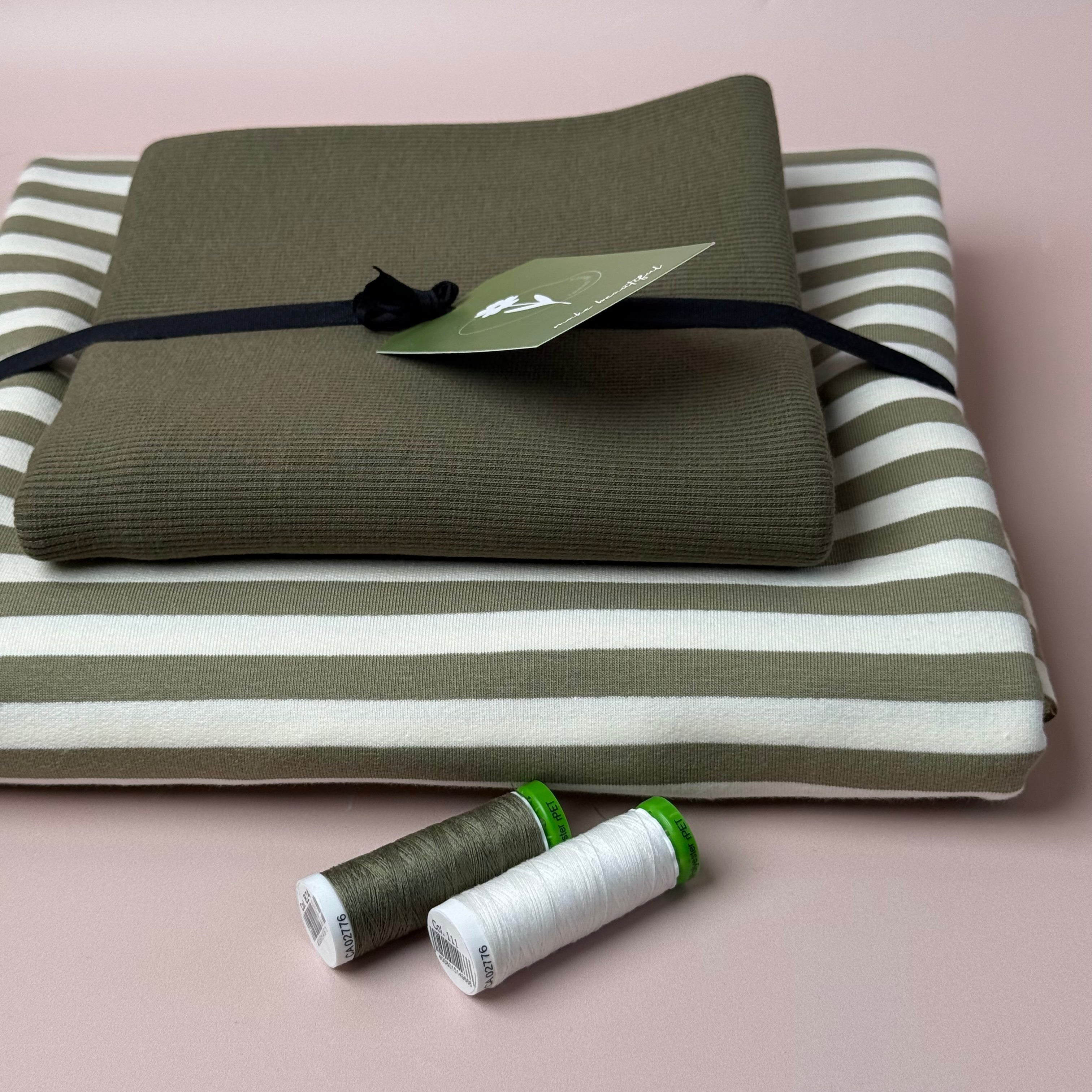 Colour Bundles - Tea Green Stripe Cotton French Terry & Ribbing