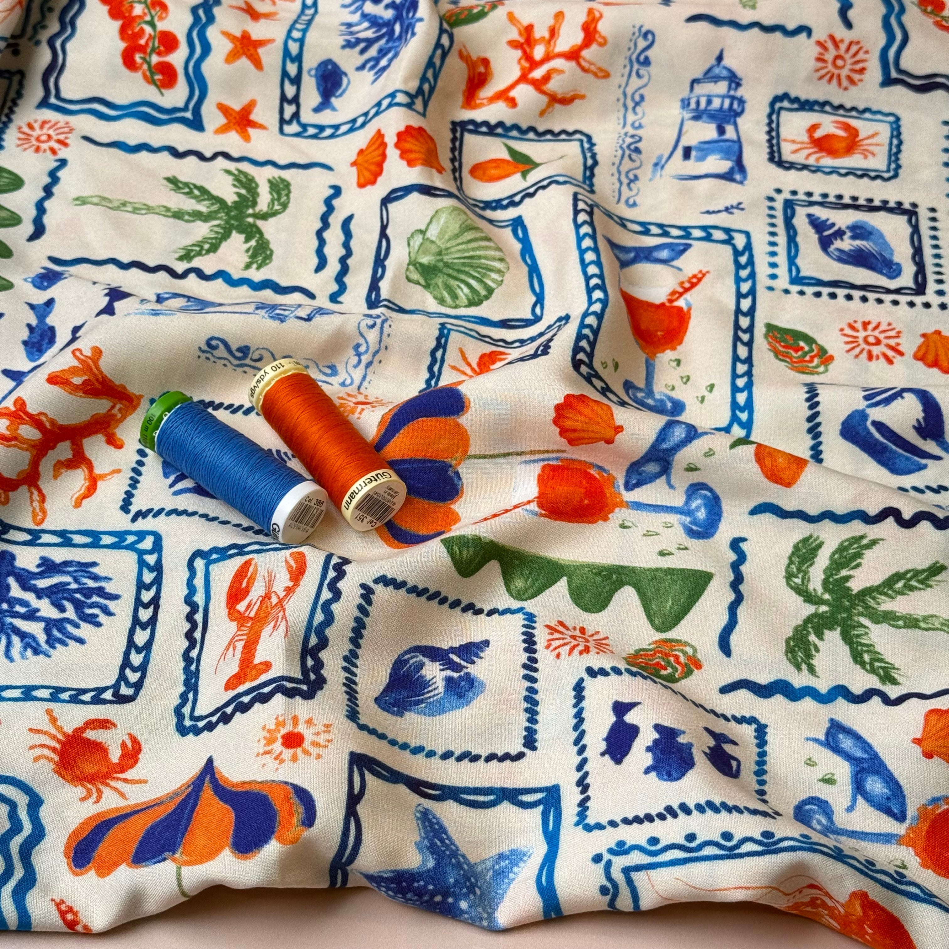 PRE-ORDER (arriving by end of May) - Seaside Postcard on Warm Beige Viscose Poplin Fabric