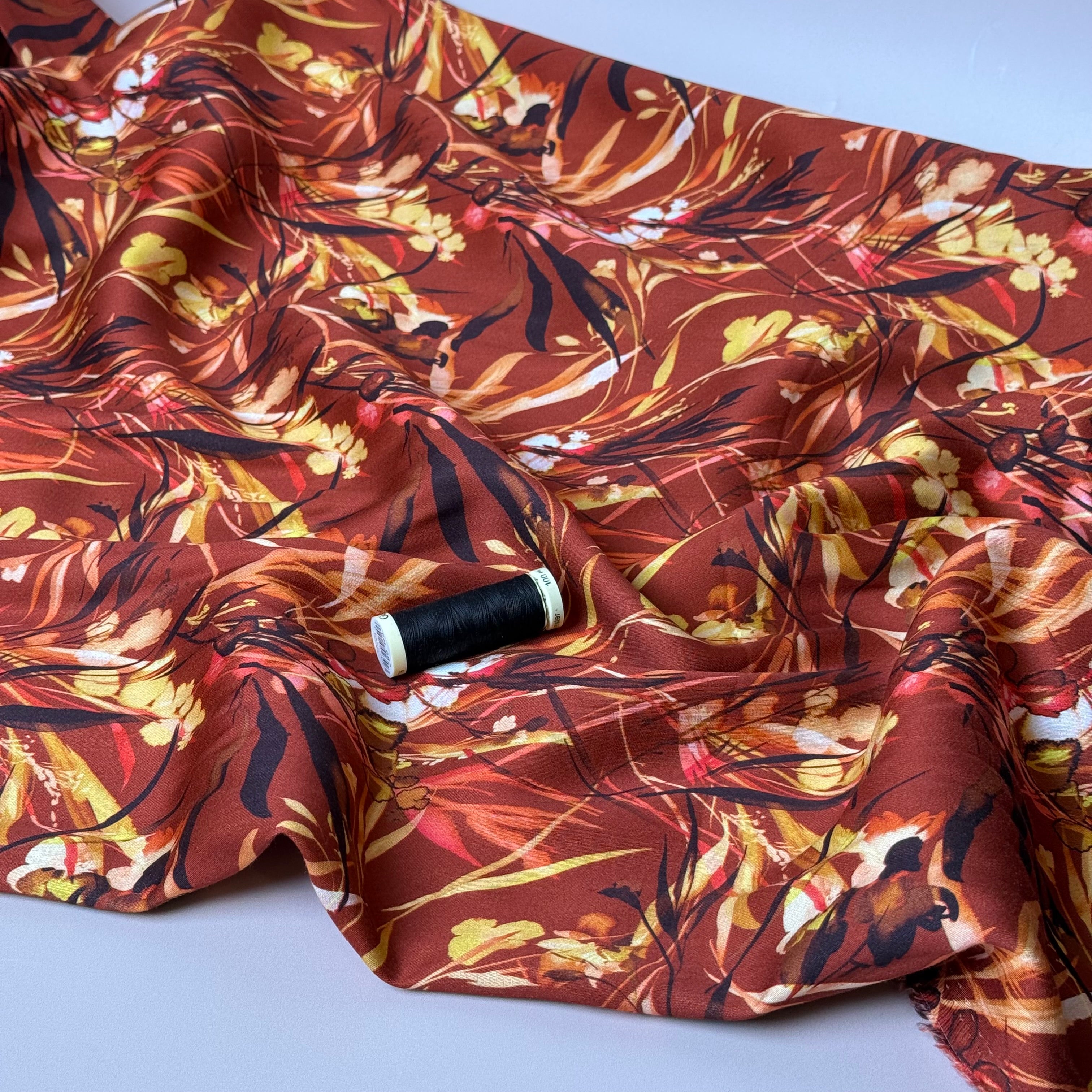 Autumn Foliage Burnt Sienna Viscose Sateen Fabric