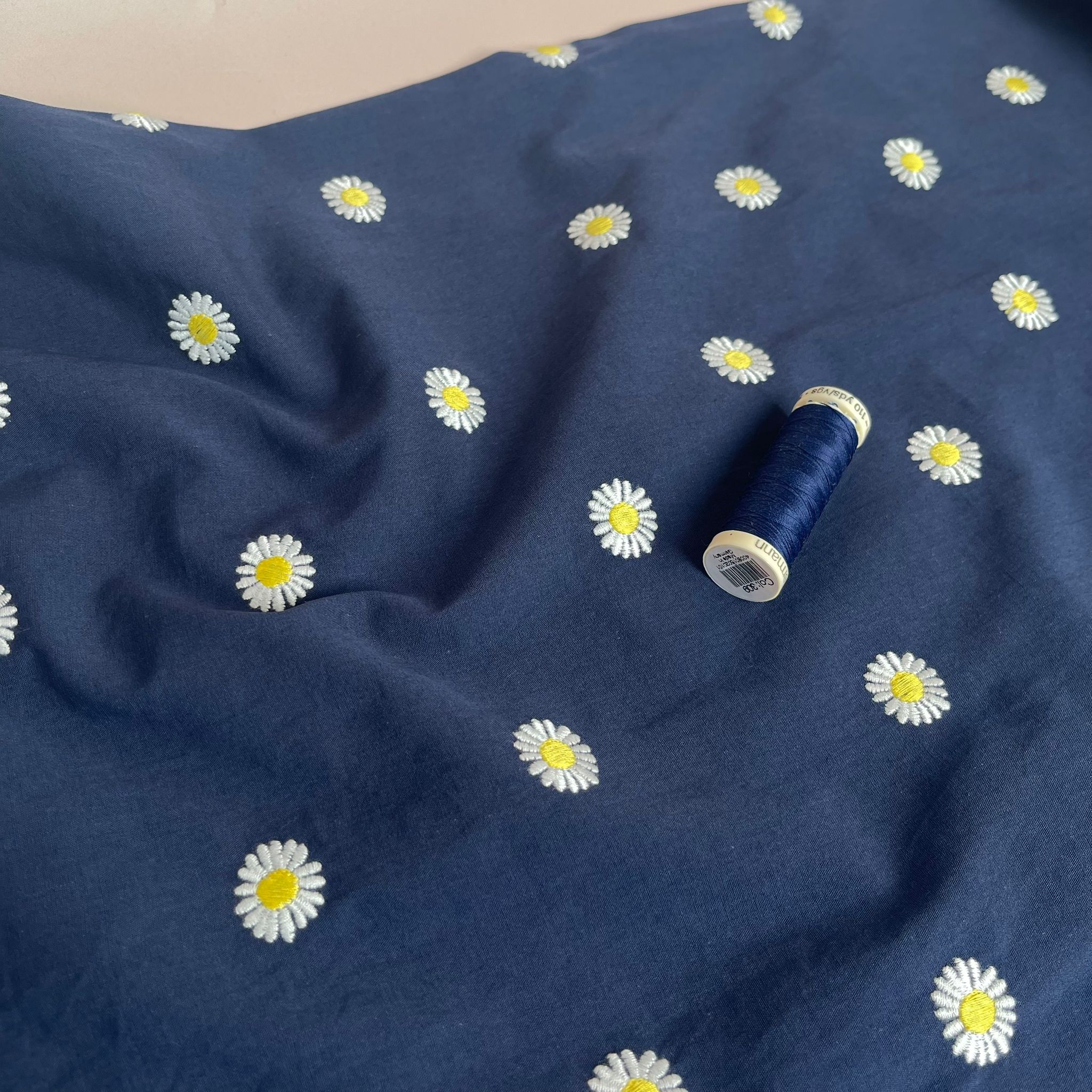 Embroidered Daisies on Navy Cotton Poplin