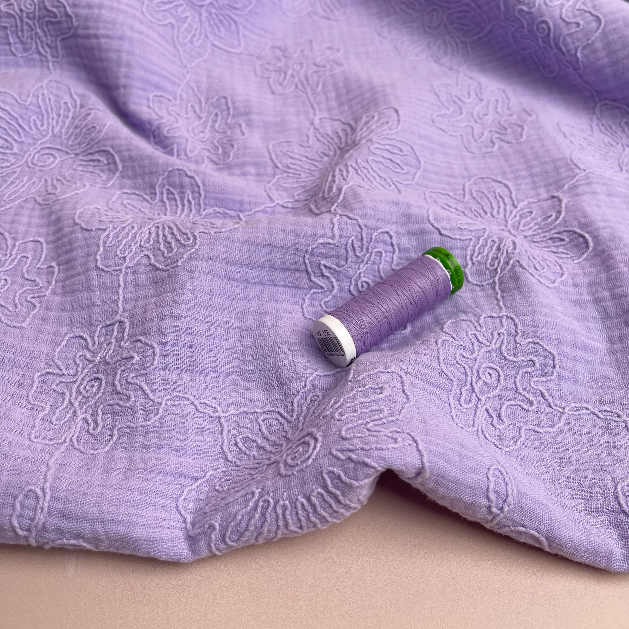 Embroidered Blooms on Lilac Cotton Double Gauze