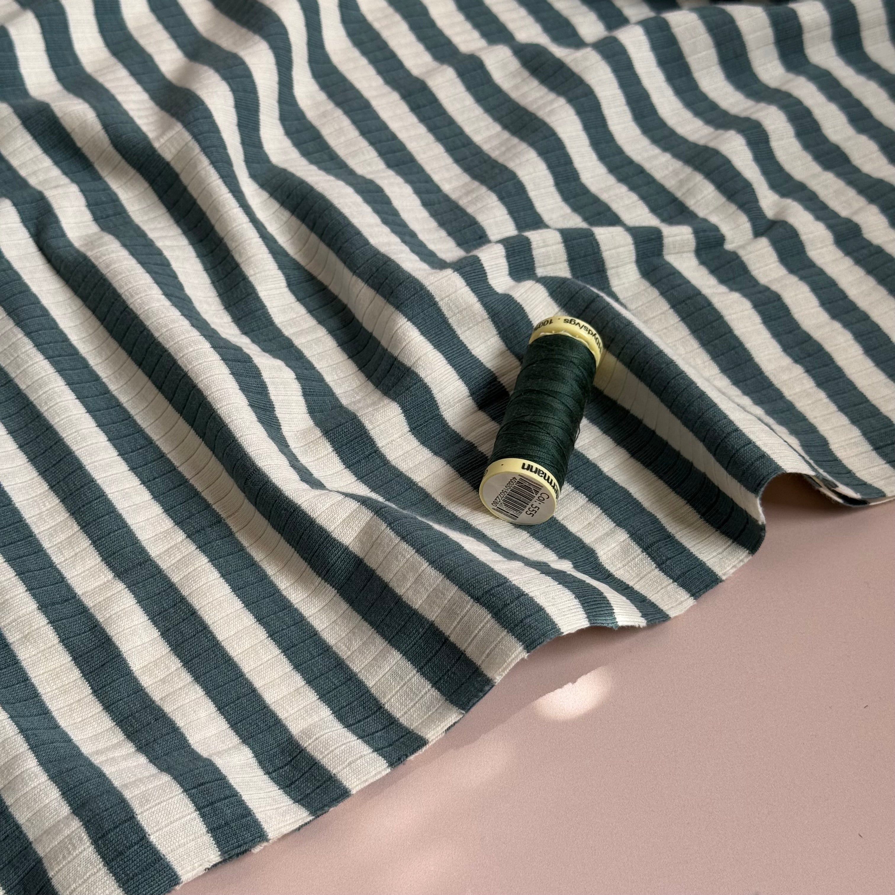 Yarn Dyed Striped Cotton Ribbed Jersey in Petrol and White