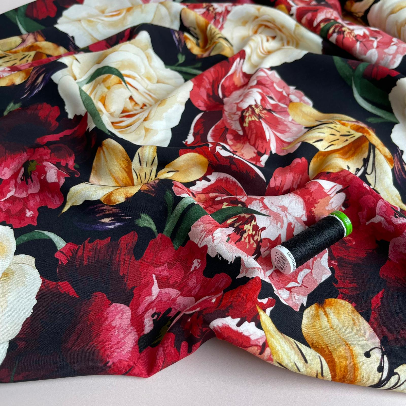 REMNANT 0.69 Metre - Romance Flowers on Black Viscose Fabric