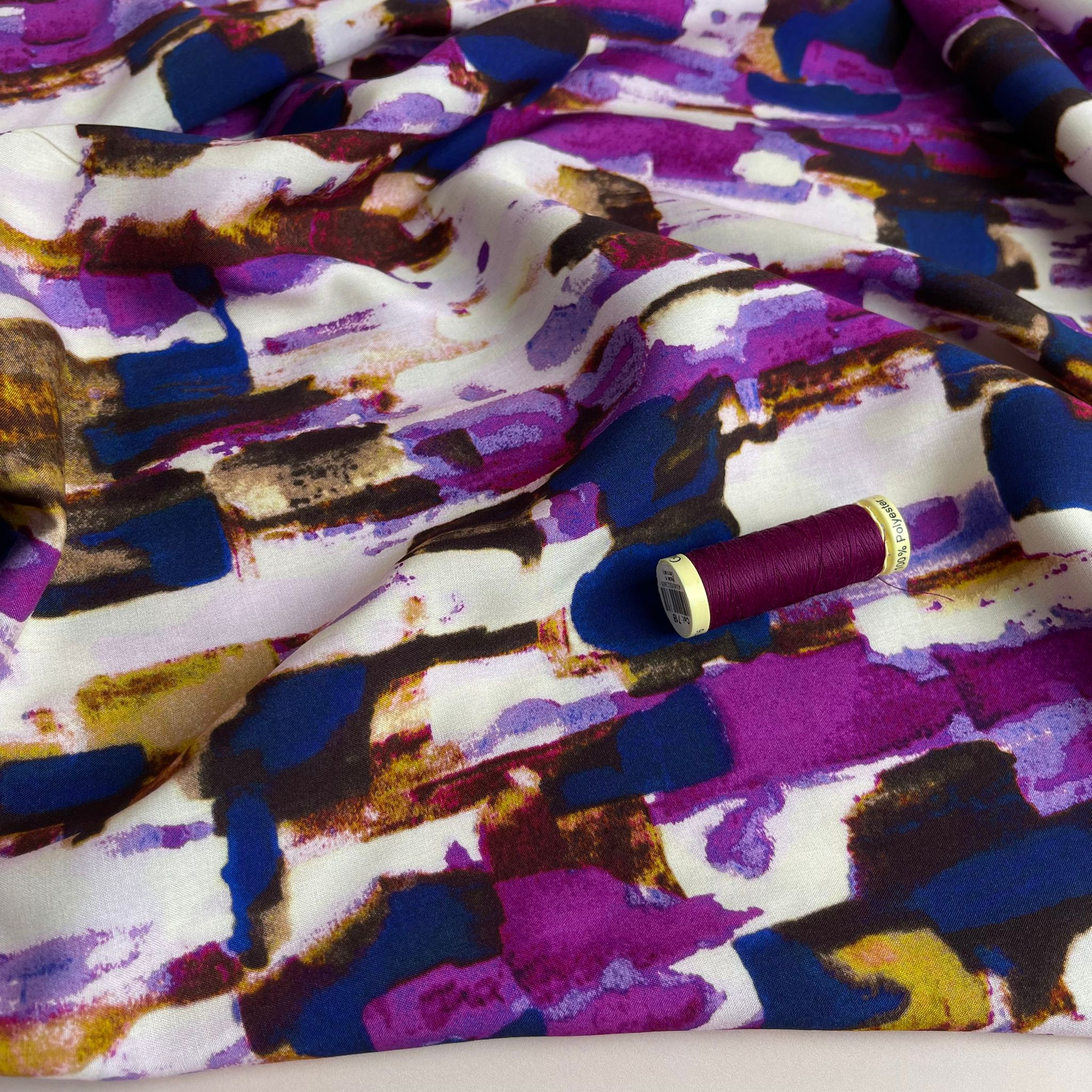 REMNANT 1.52 Metres - Abstract Smudges Purple Viscose Fabric